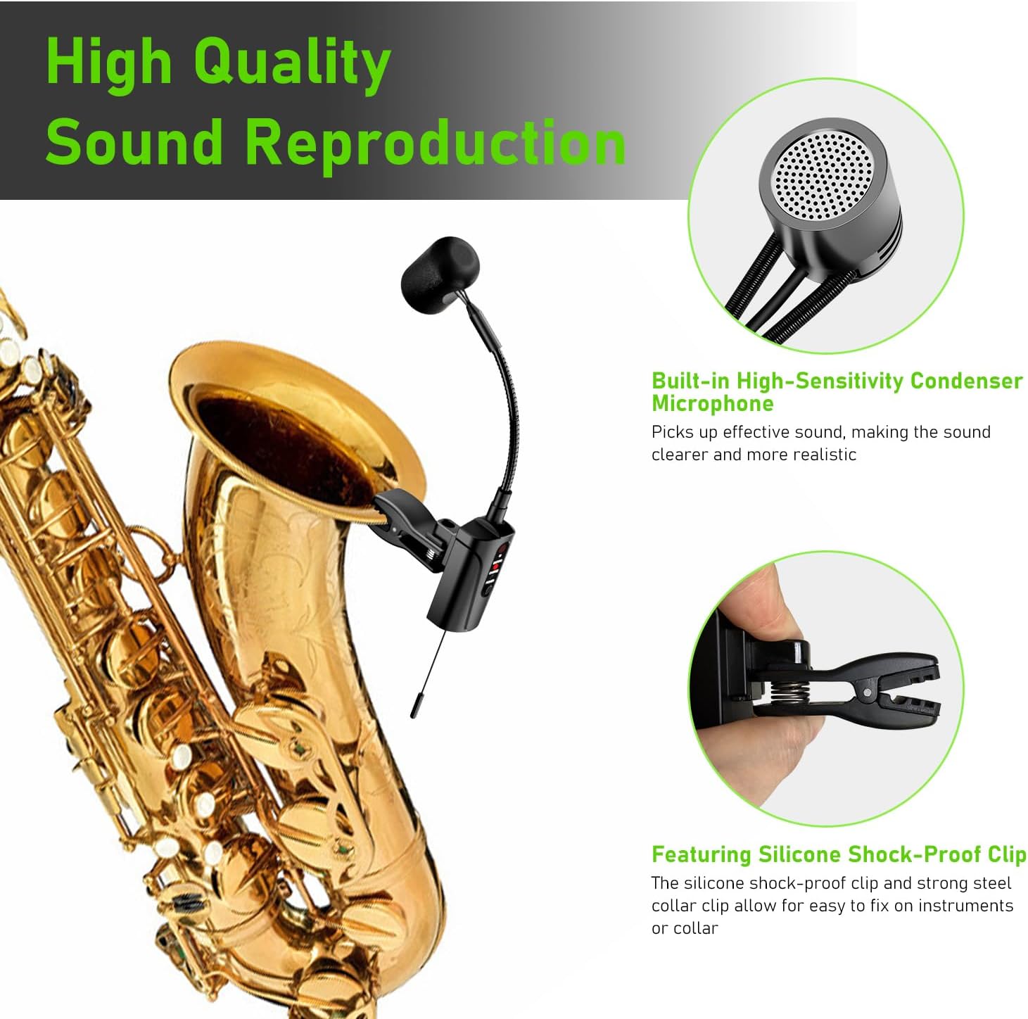 UHF Wireless Saxophone Microphone System Wireless Transmitter and Receiver Clip-on Instrument Microphones & Systems Mic for Trumpet, Sax, Musician, Active PA Systems, ST-5