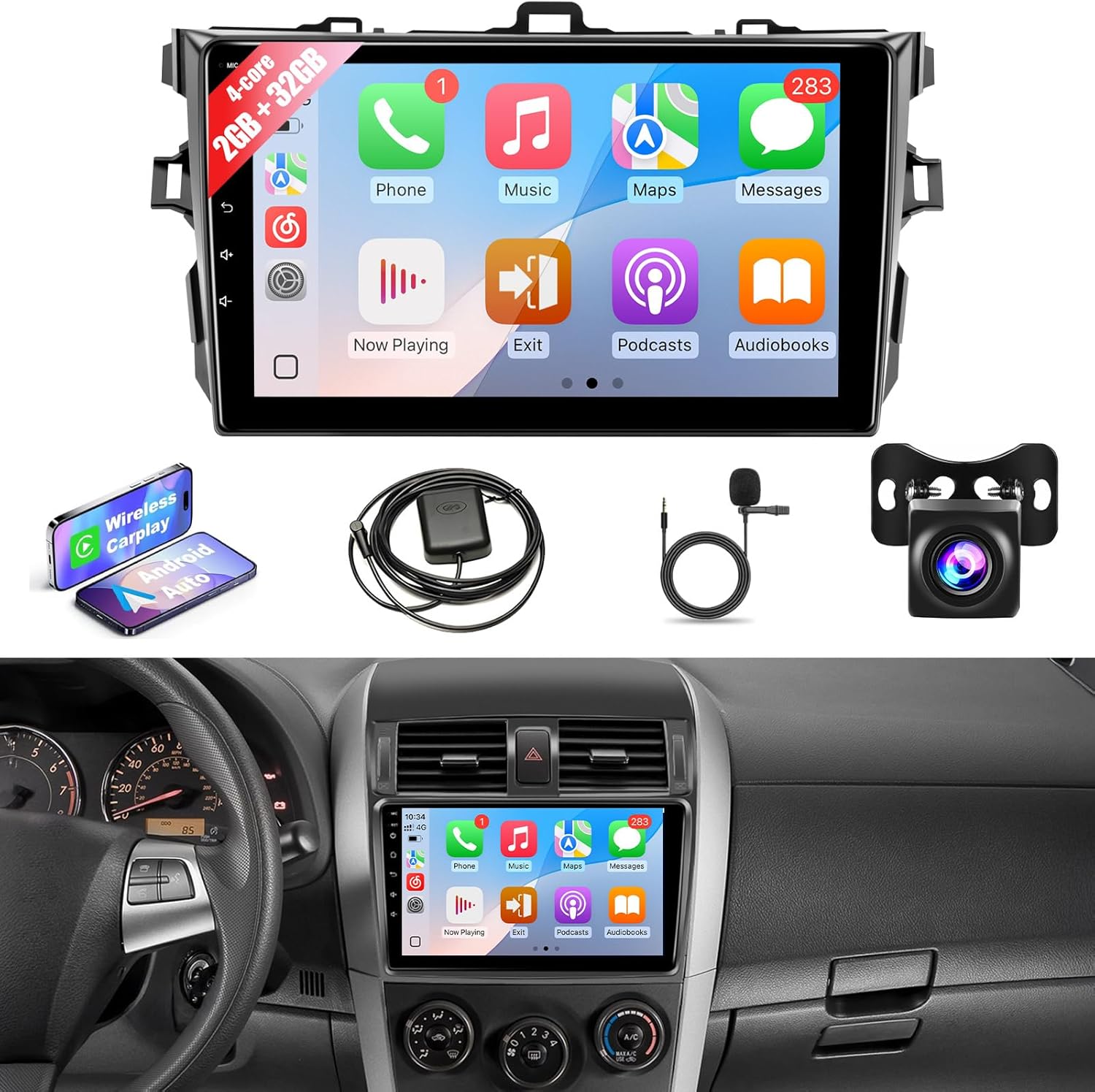 Car Radio for Toyota Corolla 2008 2009 2010 2011 2012, 2G+32G Android Car Stereo Wireless Carplay, 9 inch Touch Screen for Corolla Android Auto Mirrorlink Bluetooth GPS WiFi FM RCA Backup Camera