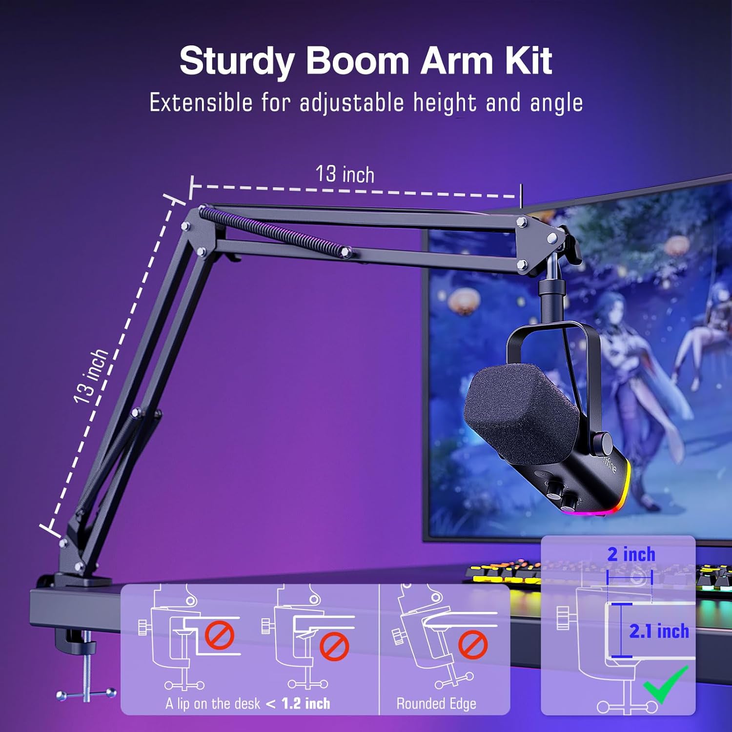 FIFINE Dynamic Gaming Mic and Microphone Arm Stand Kit, PC Computer Streaming Mic with RGB Light, Mute Button, Suspension Scissor Boom Stand Bundle for Recording, Podcast, Voice-Over (AM8+CS1)