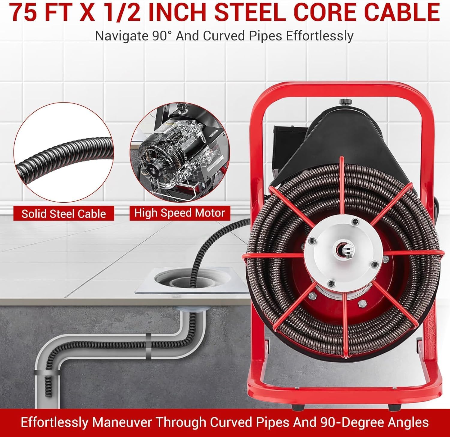 75FT x 1/2 Inch Drain Cleaner Machine, Portable Drain Cleaning Machine Snake with 6 Cutters & Foot Switch for 1