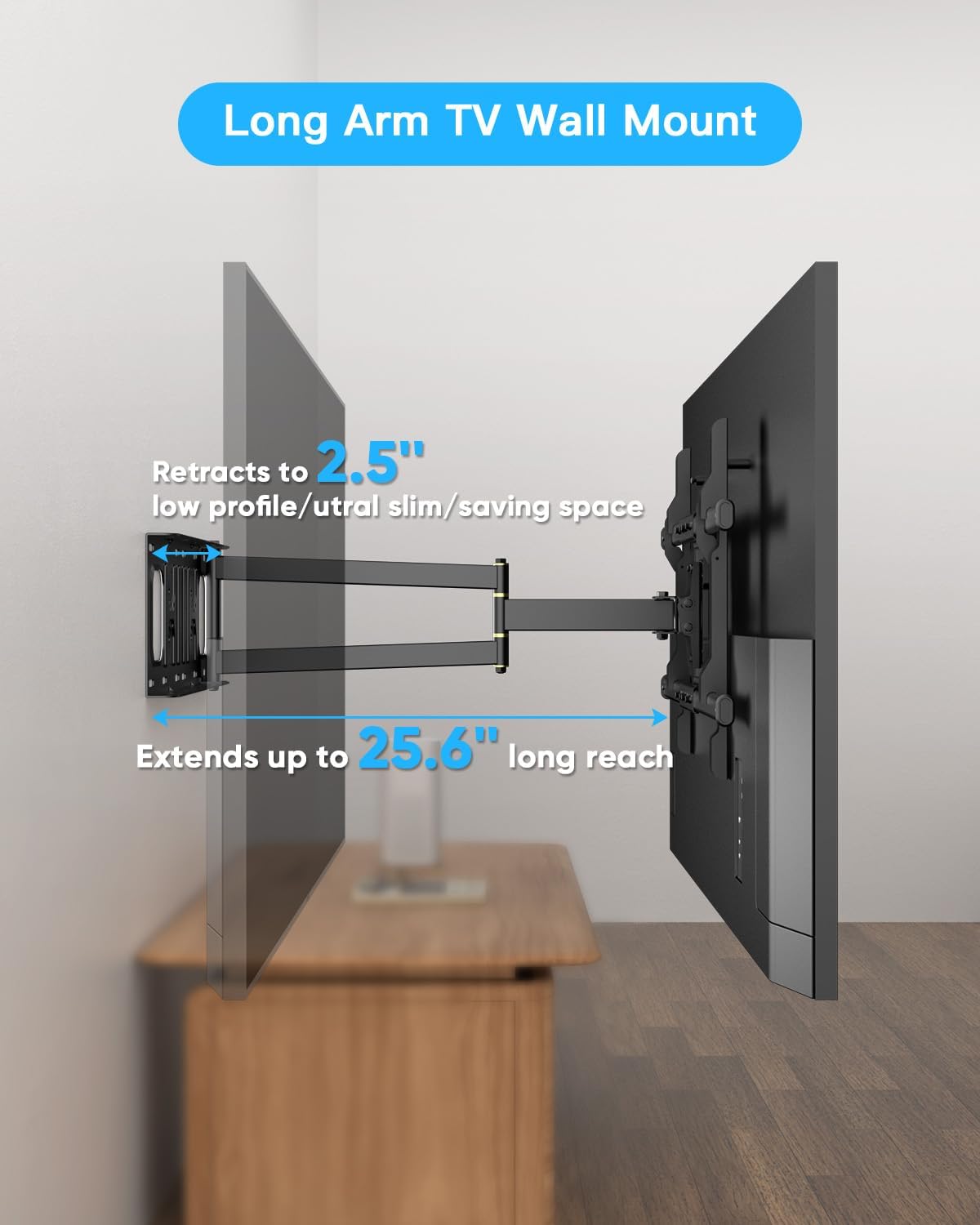 Long Arm TV Wall Mount with 25.6 inch Extension, Corner TV Mount Full Motion Heavy Duty for 32-75''Screens, Load 88 lbs,Max VESA 600x400mm, Shift The Arm Span to Left