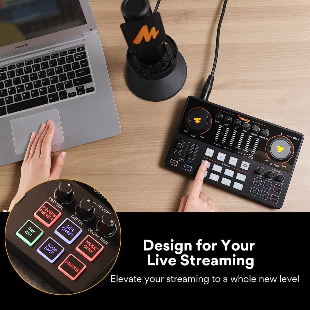 Audio Interface with Studio Headphone-Podcast Equipment-MAONO-MaonoCaster-All in One - with premium mic preamp for Podcast Recording, Streaming, Youtube, PC, Smartphone