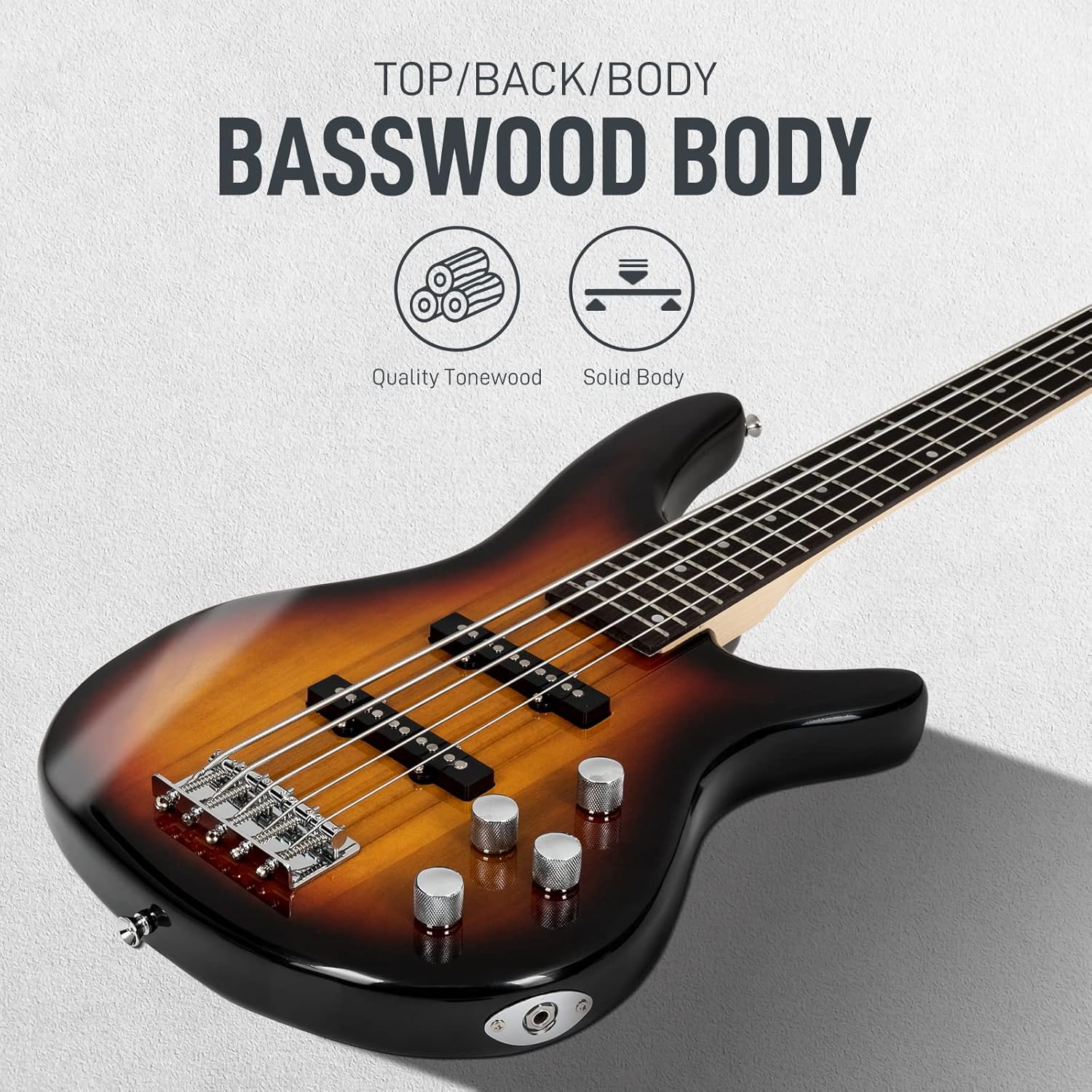 Ktaxon 5 String Electric Bass Guitar, Full Size Standard Right Handed Rosewood Fretboard Bass Kit with Gig Bag Strap Cable Wrench Tool (Sunset)