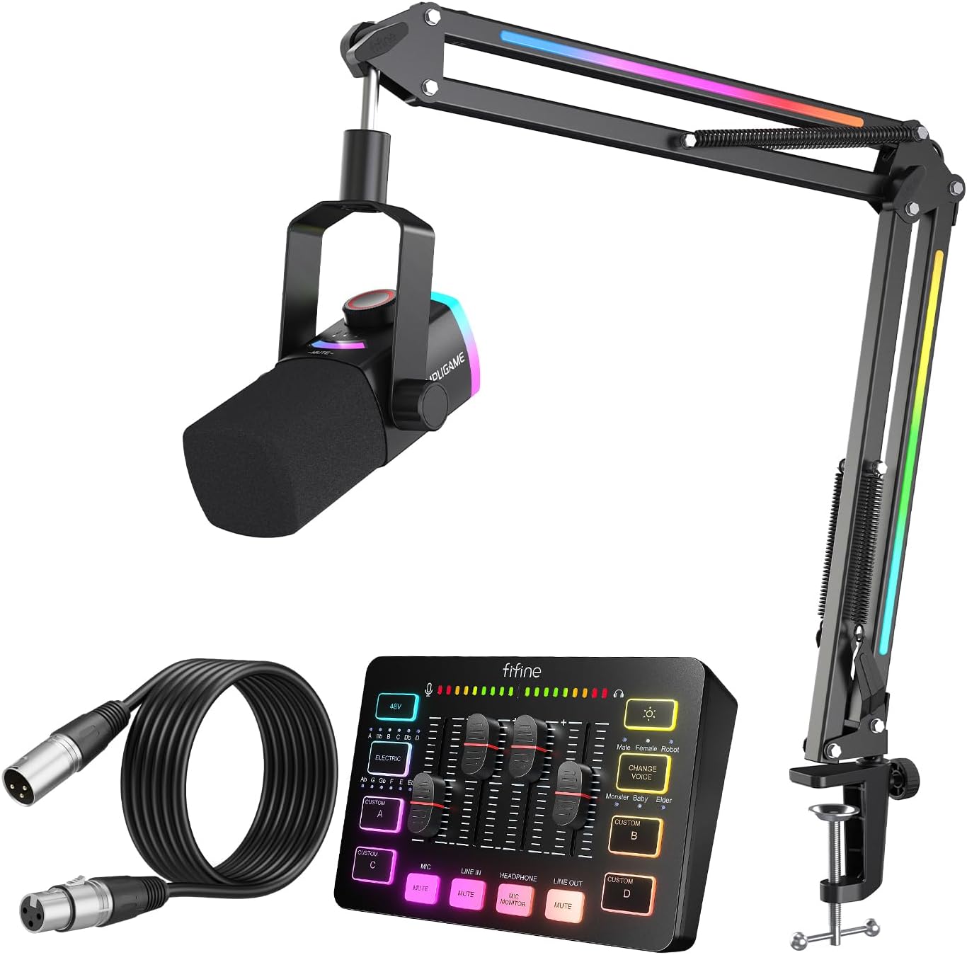 FIFINE PC Gaming Audio Bundle: Dynamic XLR/USB Mic with Boom Arm+Audio Mixer with 48V Phantom Power,Volume Control +10ft XLR Cable for Podcast/Recording/Game Voice (AM8PROT+SC3+L9)