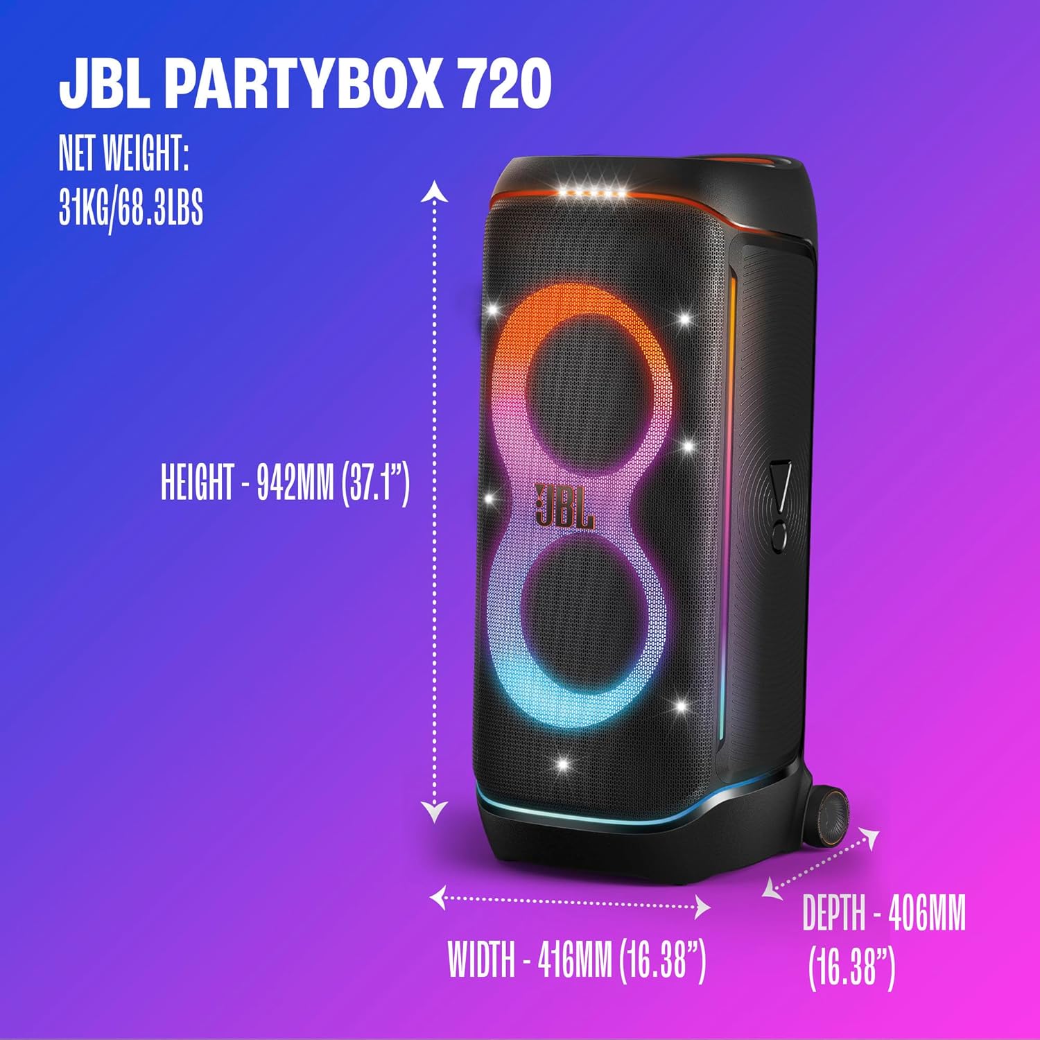 JBL PartyBox 720 - Loudest Battery-Powered Party Speaker with Superior Pro Sound and a Futuristic lightshow, Up to 15 Hours Playtime & IPX4 Splash Proof (Black)