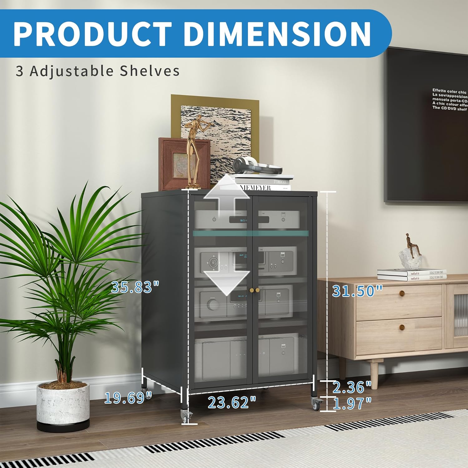 Stereo Cabinet, Metal Media Storage Cabinet with Glass Doors, Audio-Video Media Stand with 4 Adjustable Shelves, AV Stand for Meeting, Living, Recording Room, Require Assembly, Black