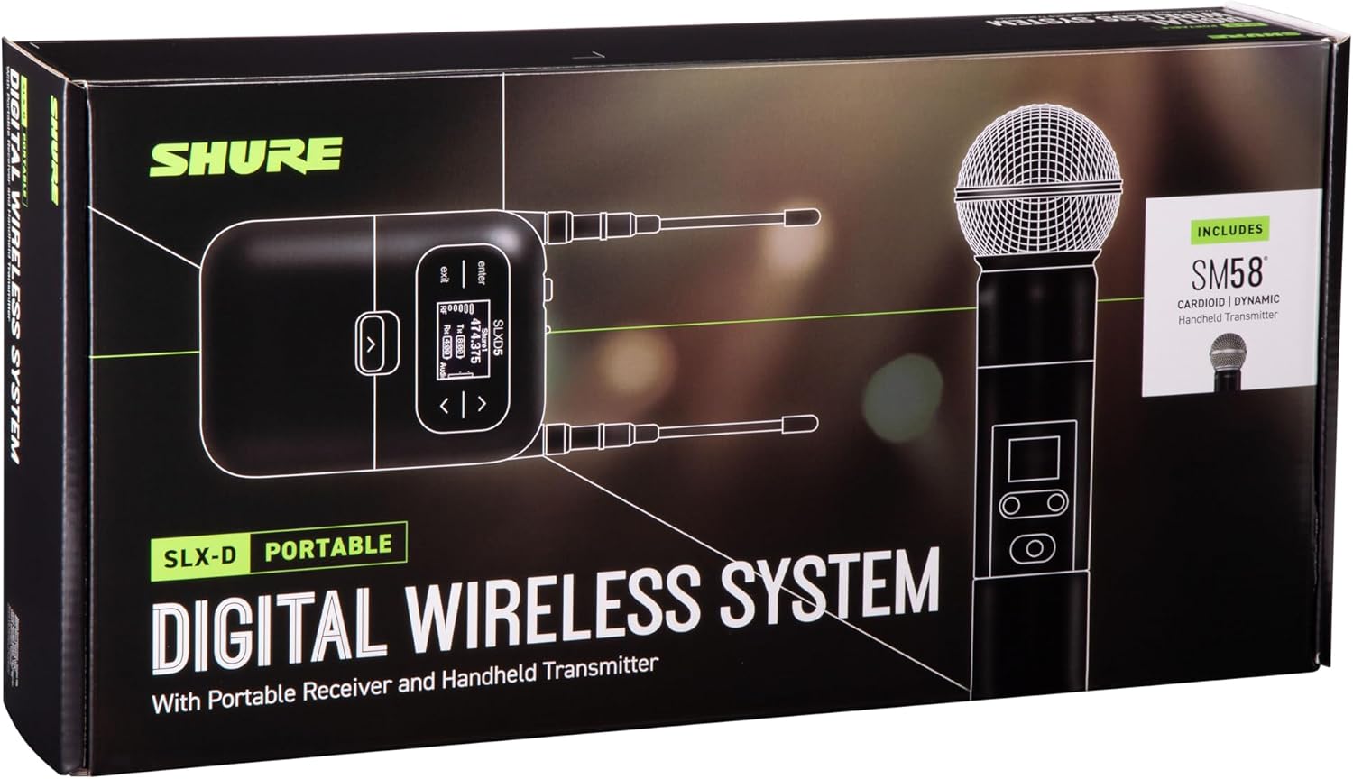 Shure SLXD25/SM58 Portable Digital Wireless System with SLXD2 Handheld Transmitter with SM58 legendary Cardioid Dynamic Vocal Microphone and SLXD5 Single-Channel Receiver | H55 Band (SLXD25/SM58-H55)