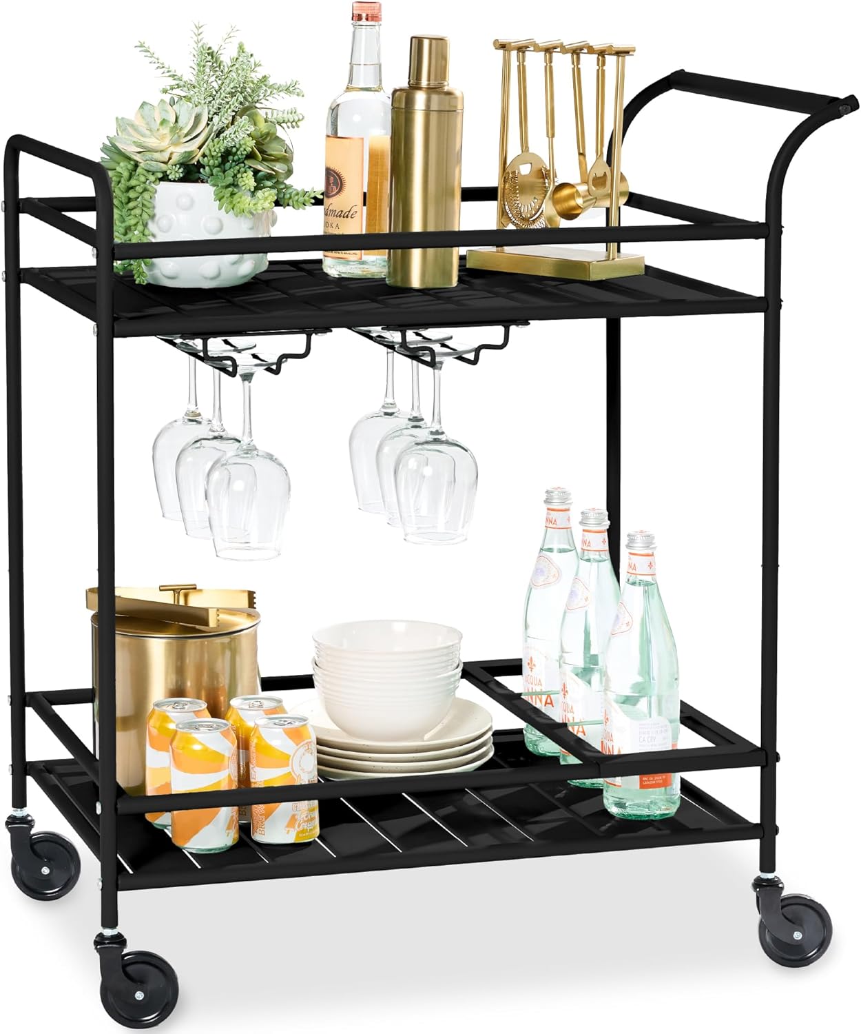 Best Choice Products Rolling Bar Cart, Mobile Home Bar Serving Cart, Serving Station w/ 2 Tier Shelves, Wine Rack, Lockable Wheels - Black