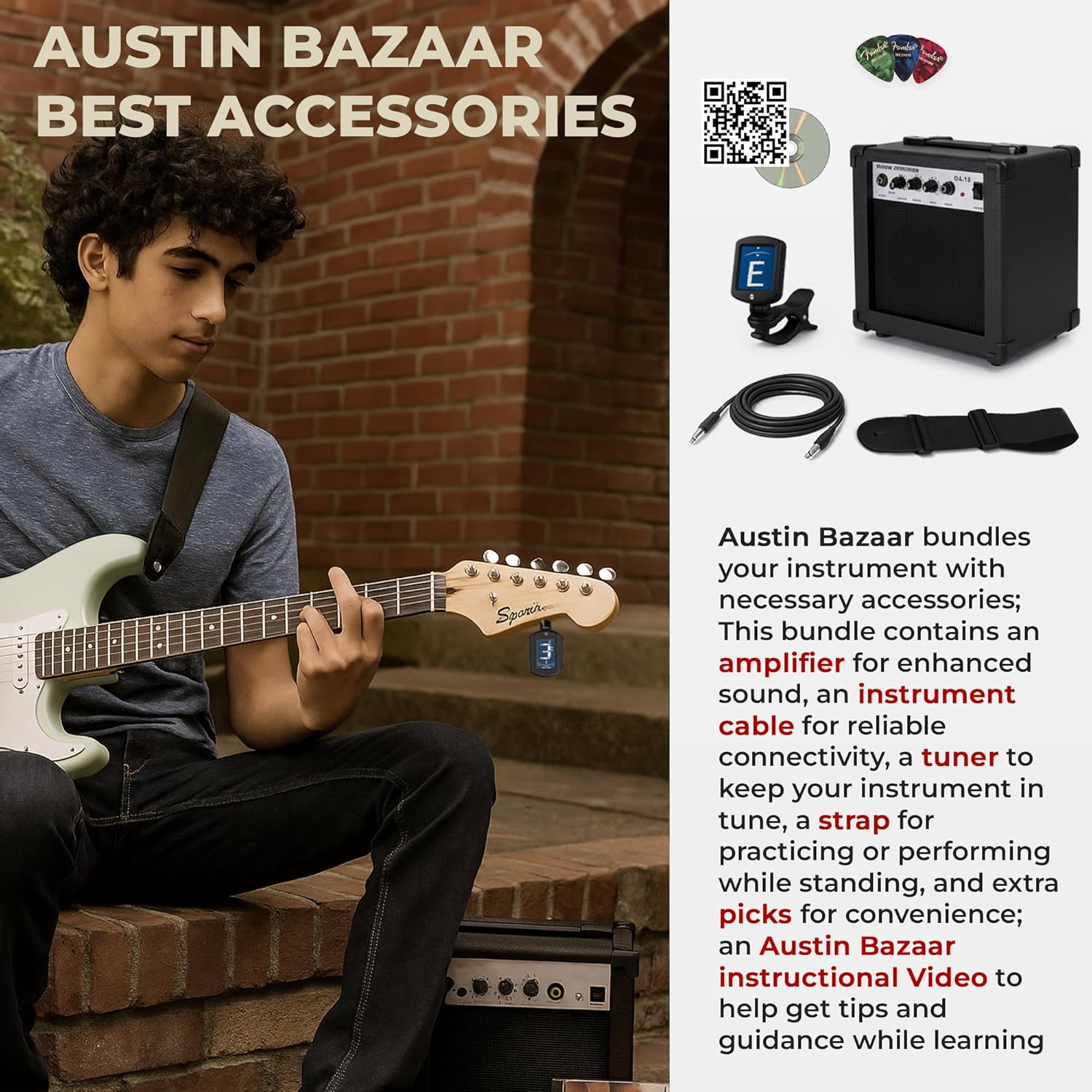 Fender Squier 3/4-Size Kids Mini Strat Electric Guitar - Surf Green Bundle with Amplifier, Cable, Tuner, Strap, Picks, Online Lessons, and Austin Bazaar Instructional DVD