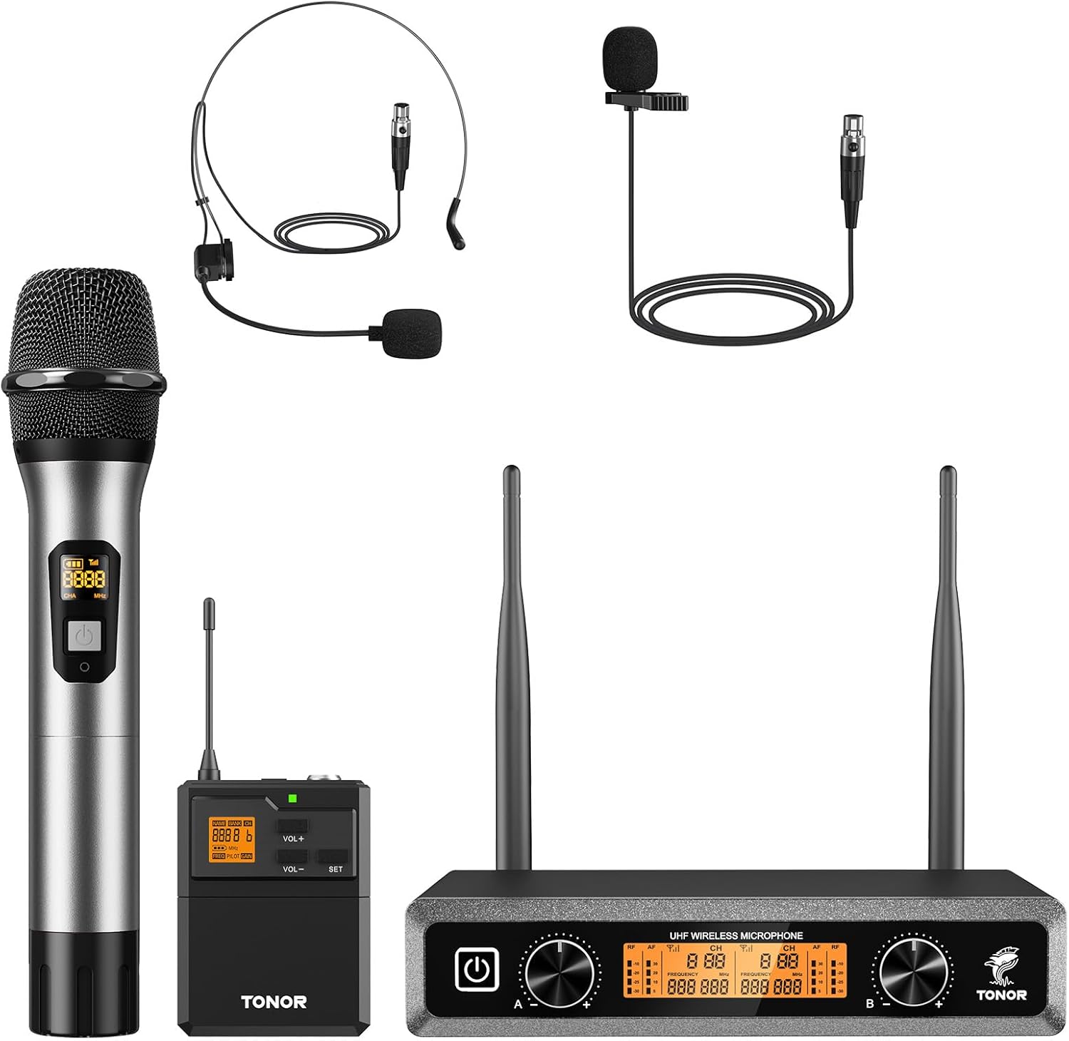 TONOR Wireless Microphones System with Metal UHF Headset/Lapel/Lavalier/HandheldMics, Cordless Bodypack Transmitter, Receiver for Karaoke Church Singing Party PA DJ Speaker, 2*15 Channels 200ft Range