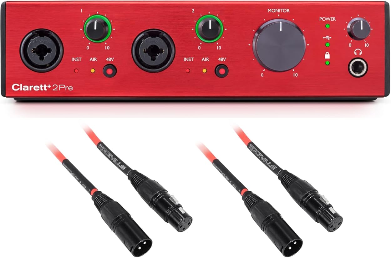 Audiosavings Bundle: (1) Focusrite Clarett+ 2Pre USB-C Audio Recording Interface Bundle with (2) Rockville RCXFM10P-R Red 10' Female to Male REAN XLR Mic/Speaker Cable (3 Items)