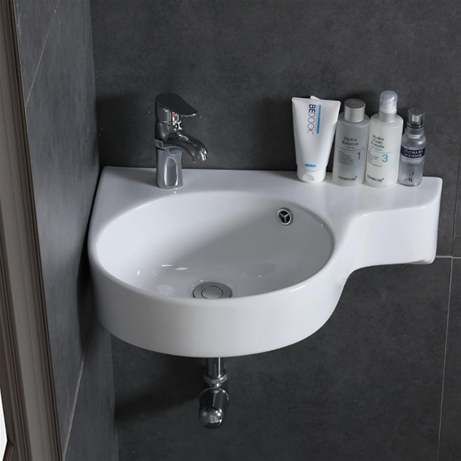 Bathroom Sink Vessel White Triangle Porcelain Ceramic Sink Wall Mount Corner Bathroom Sink Apartment Wall-Mounted Bathroom Sink Bowls Vessel Sink(Right Hole- 1 Set)