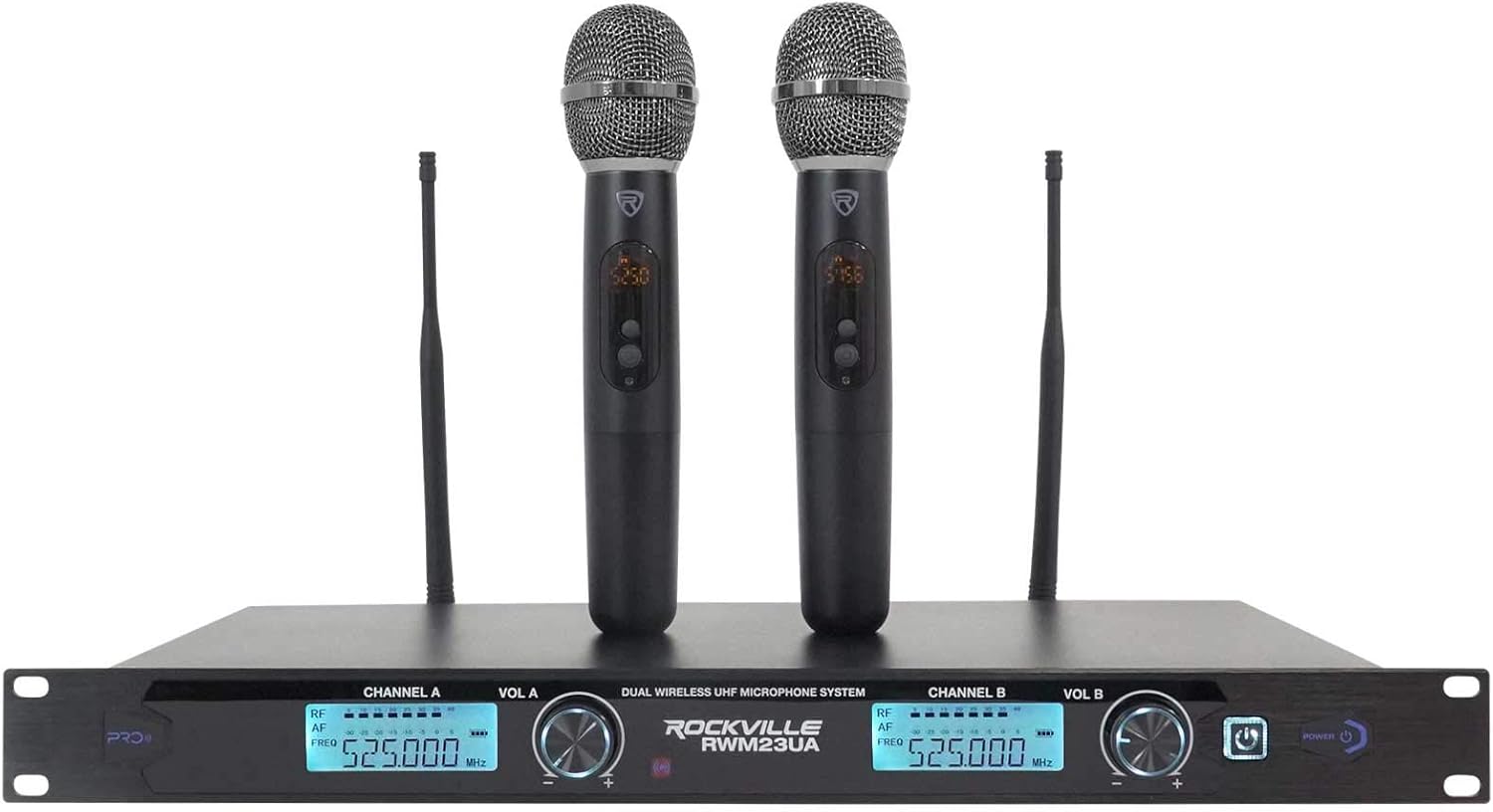 Rockville RWM23UA UHF Wireless Pro Rack Mount Dual Microphone System, 20 Channels, Long Range, Dual LCD Displays, Separate Outputs, for Karaoke and Live Performances