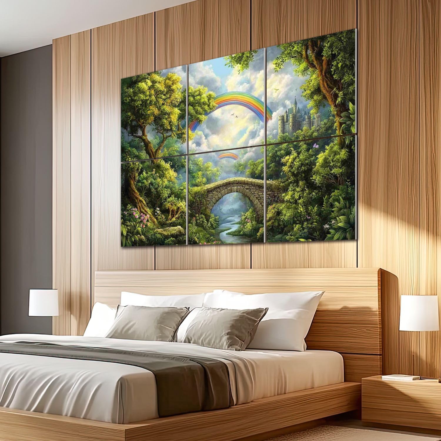 6 Pack Art Acoustic Panels Sound Absorbing Castle Stone Bridge Colorful Rainbow Dense Forest Vivid Colors Nature Decorative Soundproof Wall Panels Self Adhesive for Recording Studios Office 72