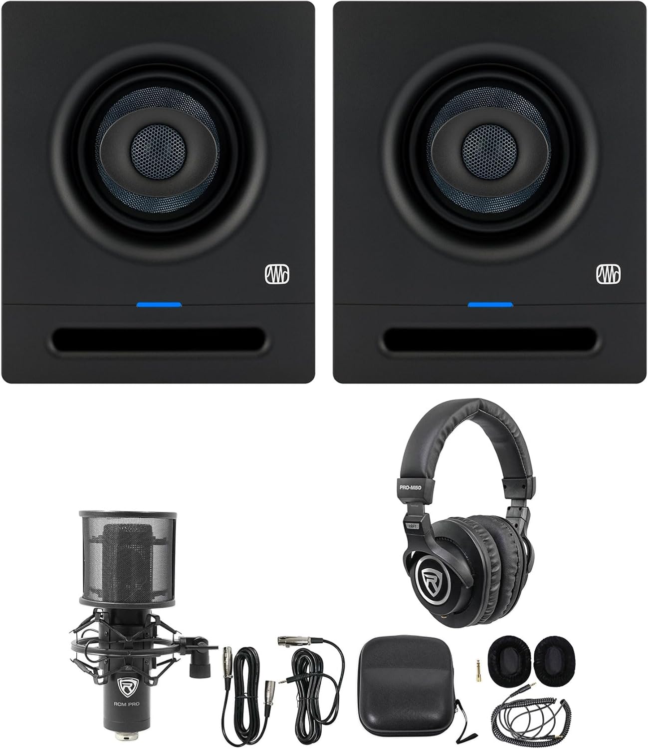 Audiosavings Bundle: (2) Presonus Eris Pro 4 Coaxial 2-Way Powered Studio Monitor Speaker Bundle with (1) Rockville PRO-M50 Studio Headphones & (1) Rockville RCM PRO Condenser Microphone