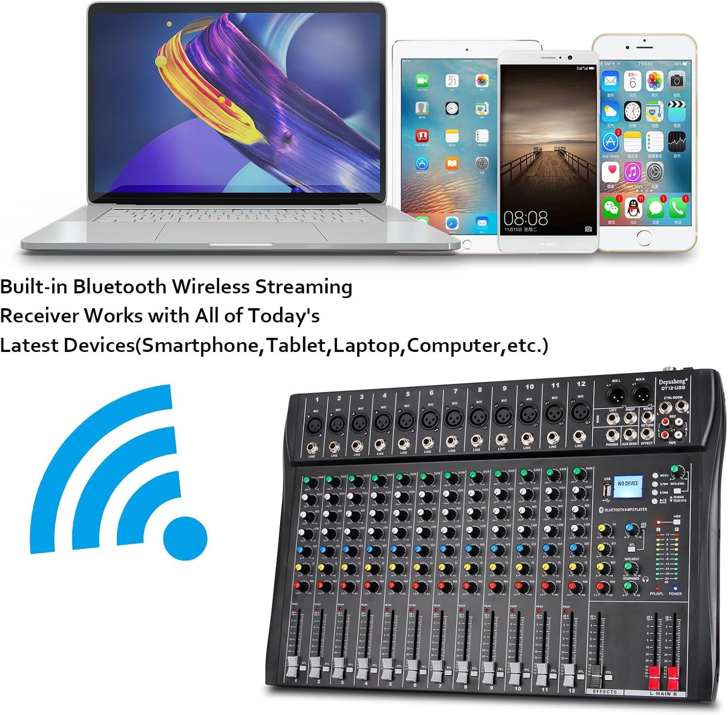 Depusheng DT12 Studio Audio Mixer 12-Channel DJ Sound Controller Interface w/USB Drive for Computer Recording Input, XLR Microphone Jack, 48V Power, RCA Input/Output for Professional and Beginners