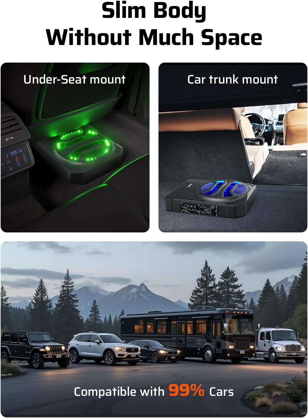 Ehaho Slim Under Seat Subwoofers with AMP, 10 inch Powered Subwoofer with Amplifier and RGB Lights, APP and Remote Control for Music Sync and Lighting Chasing Effects, Car Truck Audio Subwoofer