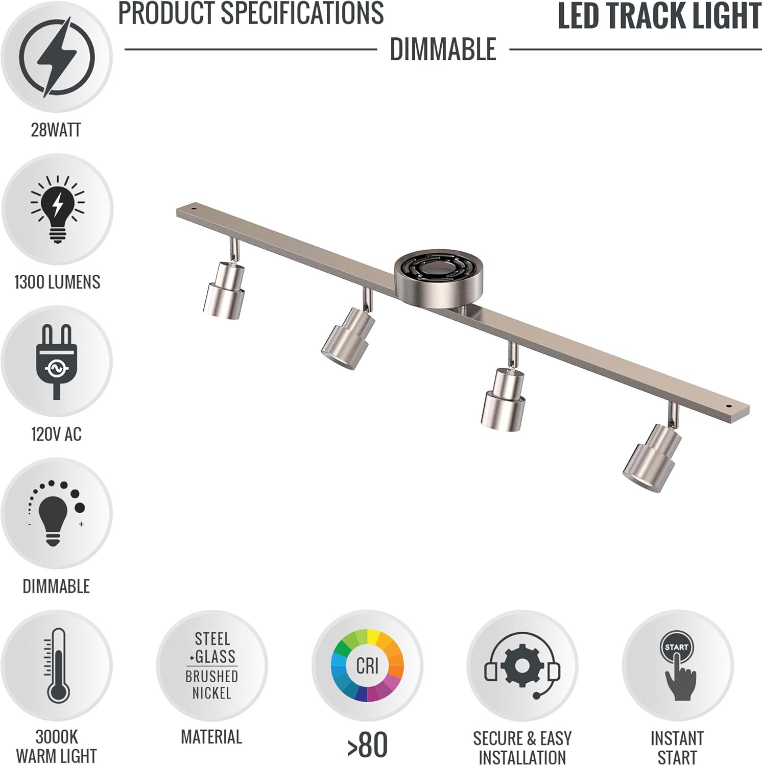 LEDMyplace 28W LED 4-Track Light, Flexible Rotatable Head, Steel & Clear Glass Lens Brushed Nickle Finish, Wall Mount Dimmable Ceiling Spot Lighting Kit for Accent Task Kitchen (3000K Warm White)
