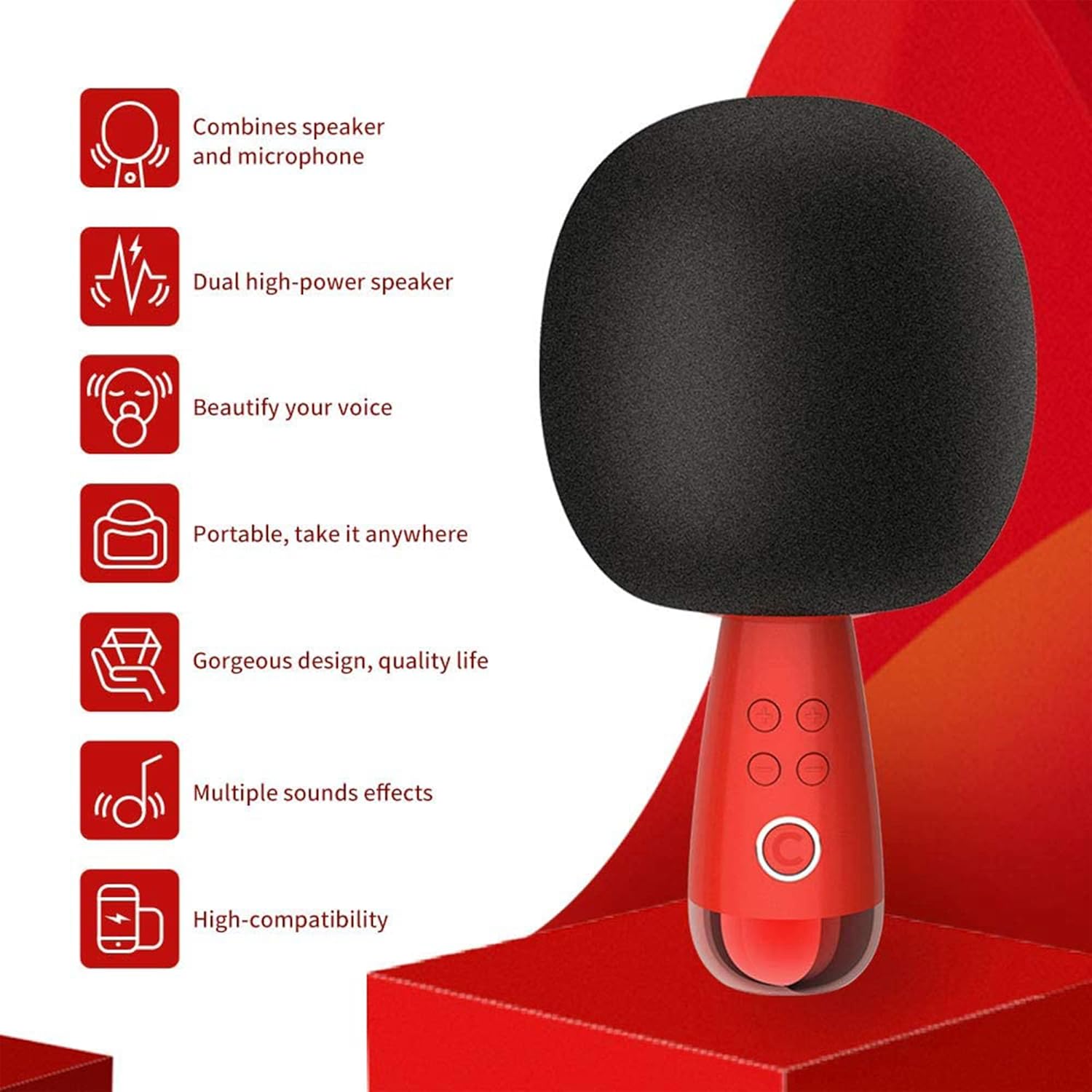 CALF Karaoke Speaker Microphone Wireless Bluetooth TWS Microphones&Speaker 2 in1 Portable Mini Adults Handheld Mic Singing Home KTV Party Indoor Electronic Gifts for All iOS Android PC G2 Red(Black)