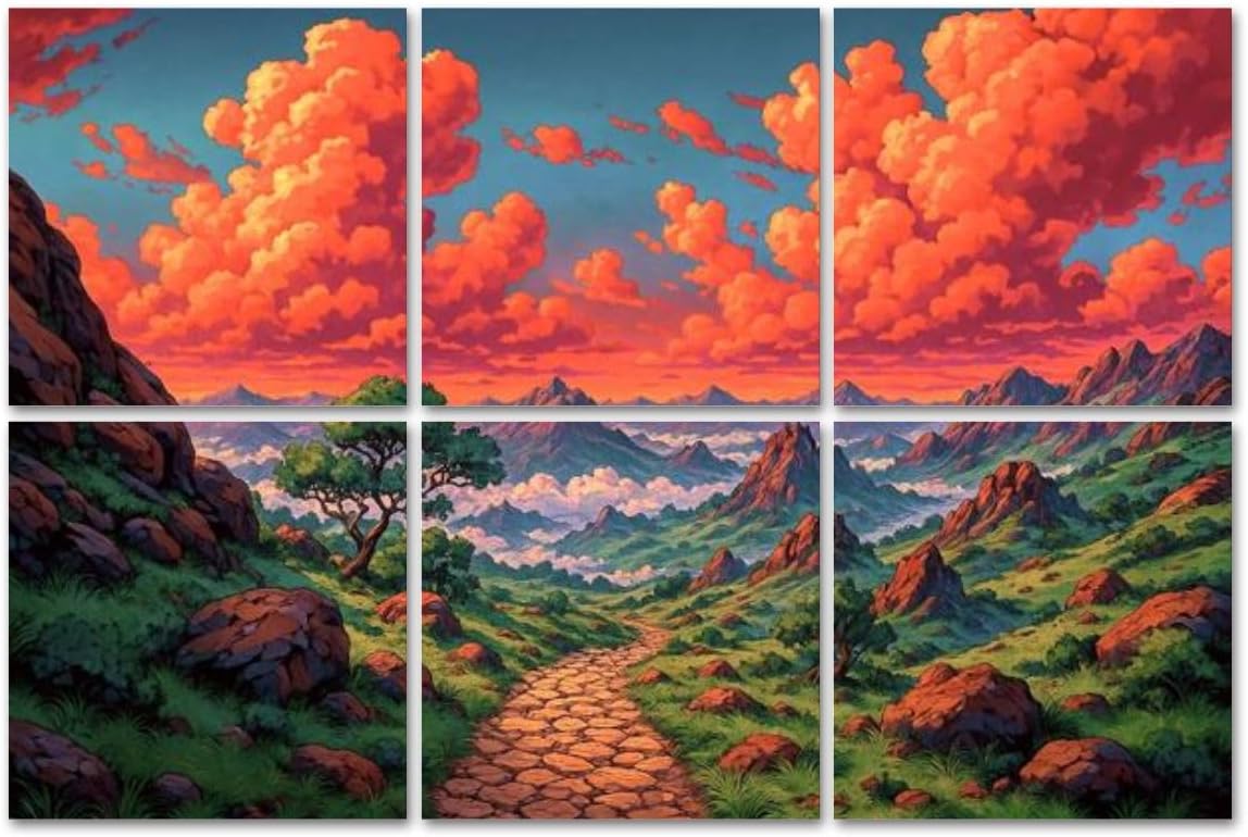 6 Pack Art Acoustic Panels Sound Absorbing Vibrant Mountain Landscape Fiery Orange Clouds Winding Stone Decorative Soundproof Wall Panels Self Adhesive for Recording Studios Office 72