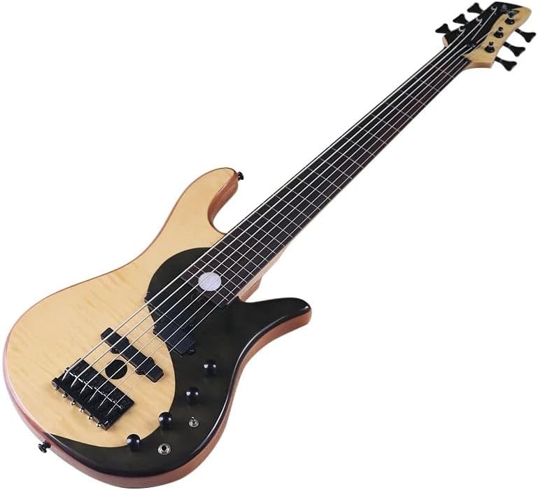 Fretless 6-String Electric Bass Guitar, 43-Inch High Gloss White Maple with Black Flame Maple, Solid Mahogany Body