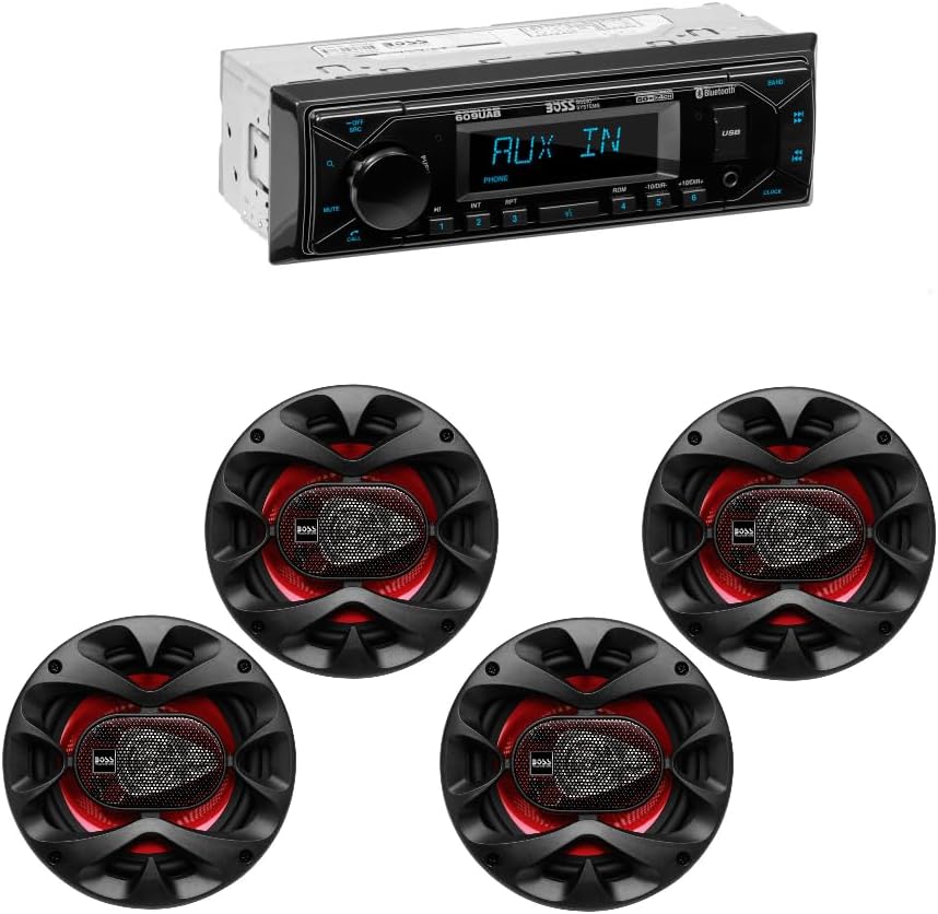 BOSS Audio Systems Single Din Car Stereo with Bluetooth + 4 Car Speakers