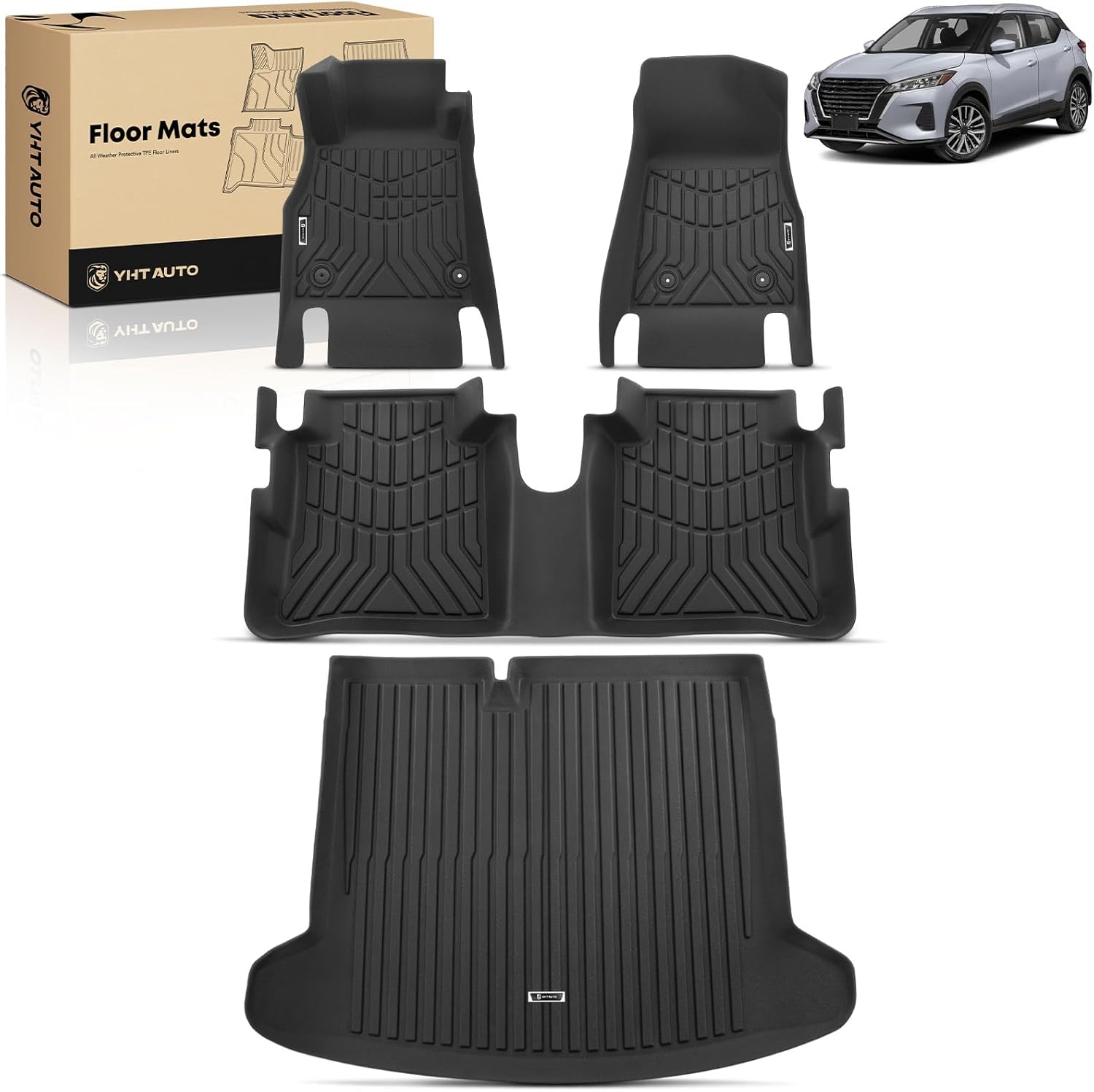 YHTAUTO Floor Mats & Cargo Mat Compatible with Nissan Kicks 2018-2024, TPE All Weather Car Mats Waterproof Anti-Slip Odorless Floor Liner Trunk Mat, Interior Car Accessories