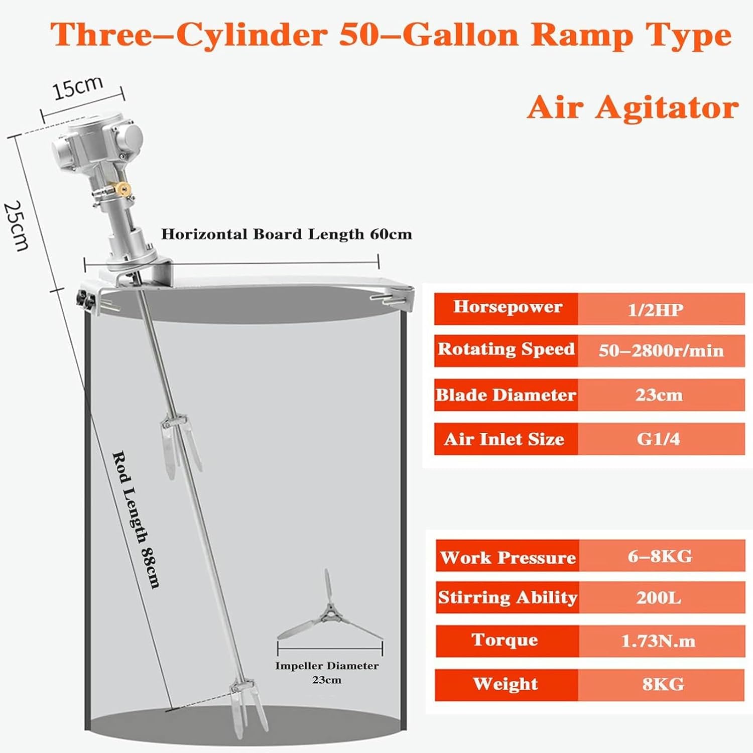 50 Gallon Pneumatic Paint Mixer, 1/2 HP Tank Barrel Air Agitator Stirring Machine, with Support Hanger, Folding Propeller, Paint Mix Tool-