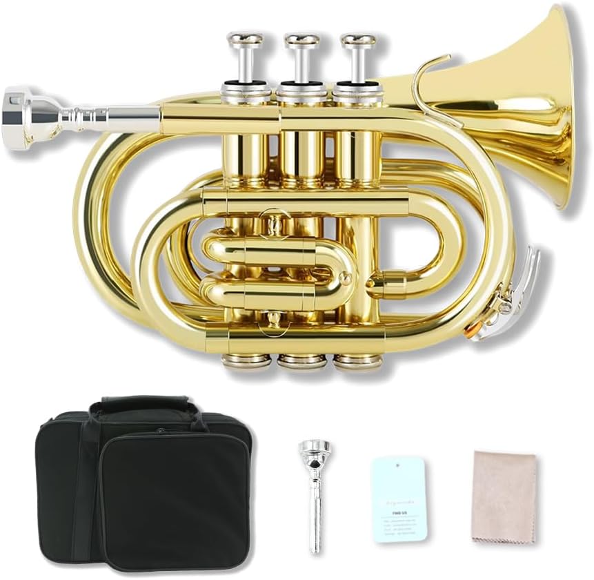 Brass Pocket Trumpet Bb Key Nickel Plated with Mouthpiece 7C, Cleaning Kit, Carrying Case, Gloves for Beginners/Students (Golden)
