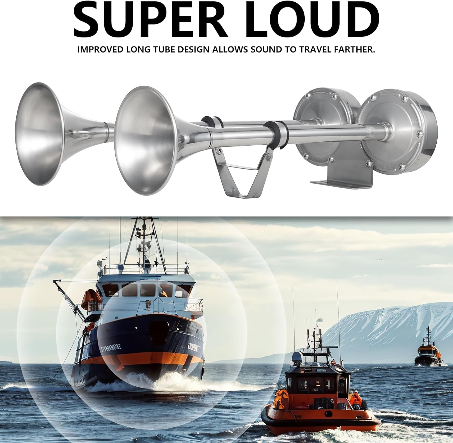 FARBIN Boat Horn 12V Waterproof Stainless Steel Trumpet Marine Horn,Electric Boat Horn for Boats Ship Sailboat Yacht Off-Road Vehicle Truck SUV RV Vans Touring Car (Stainless steel Double Tube)