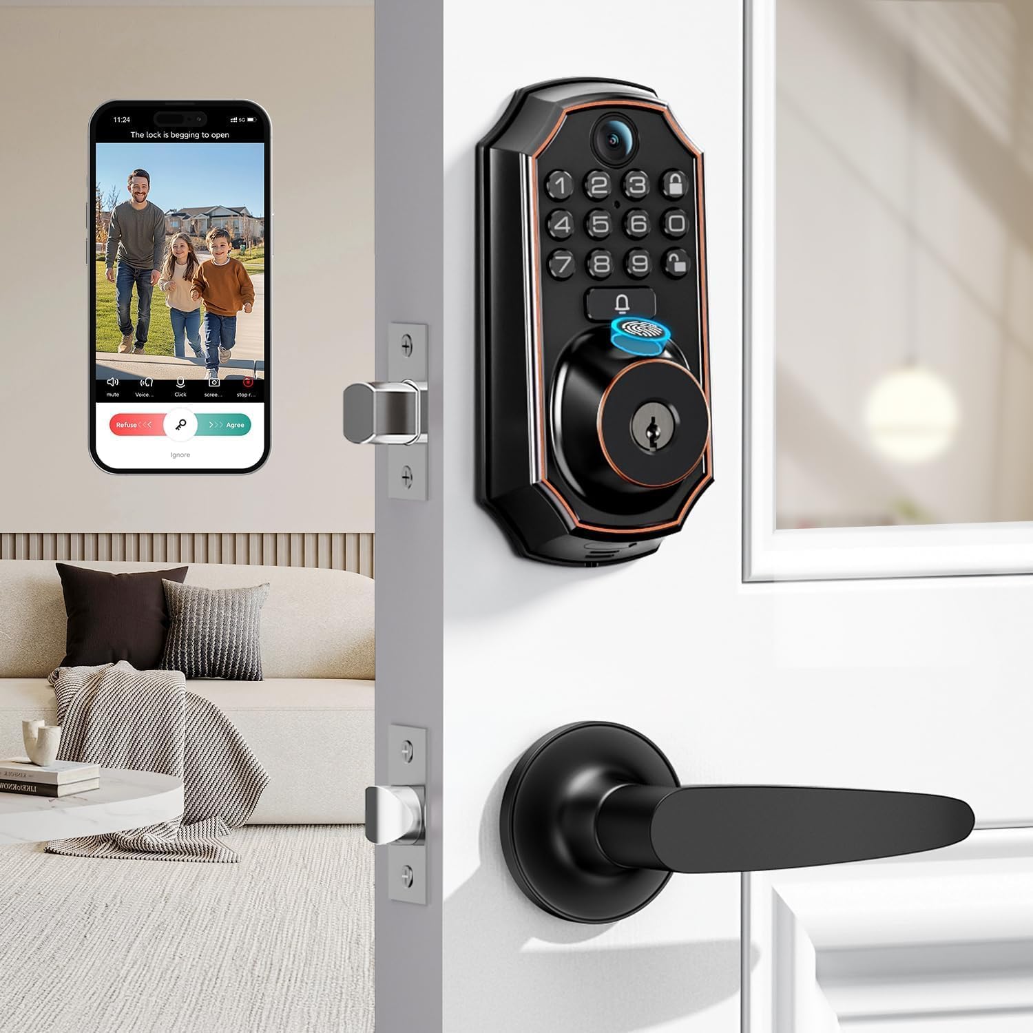 WiFi Video Smart Lock with Camera & Doorbell - 5-in-1 Keyless Entry, Fingerprint, Keypad, App Control, Two-Way Audio, Auto Lock, Waterproof, Easy Installation