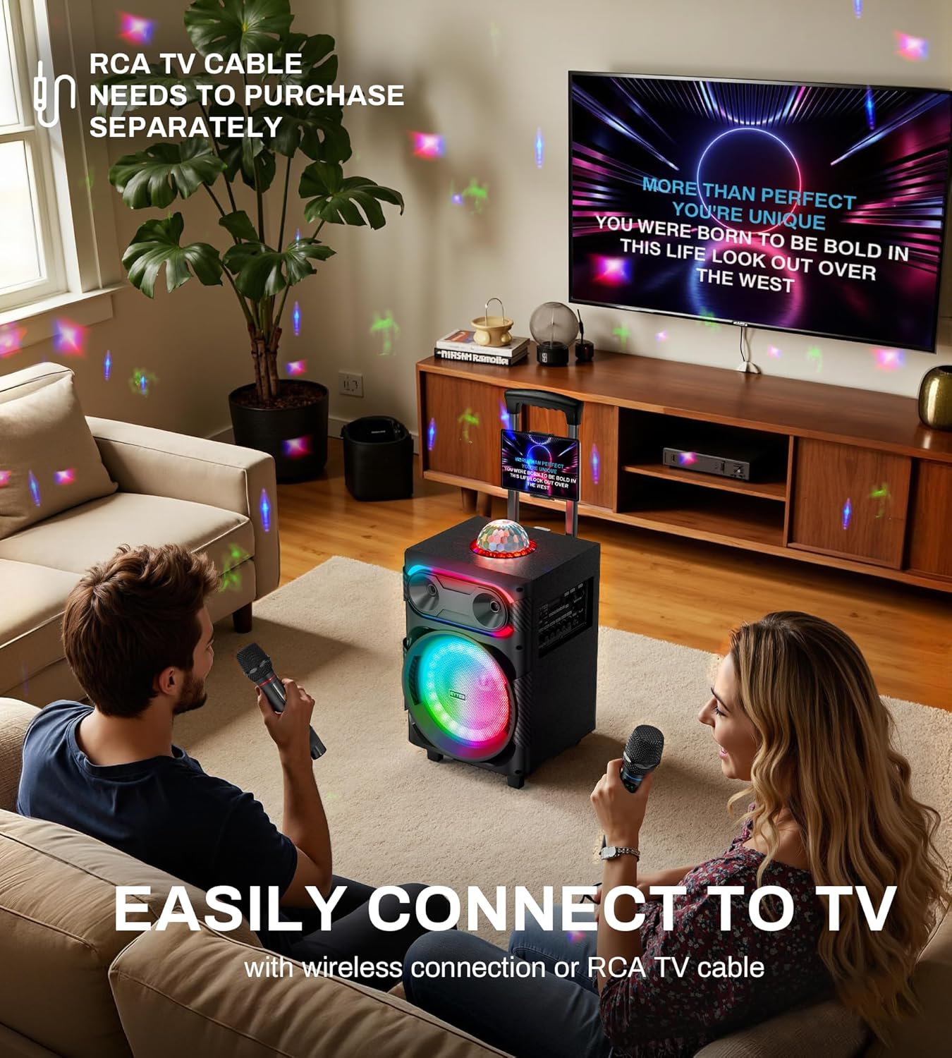 Karaoke Machine for Adults with 2 Wireless Microphones Portable Party Speaker BT PA System with Disco Ball LED Lights, Tablet Lyrics Display Holder, Remote Control, Rolling Wheels and Trolley