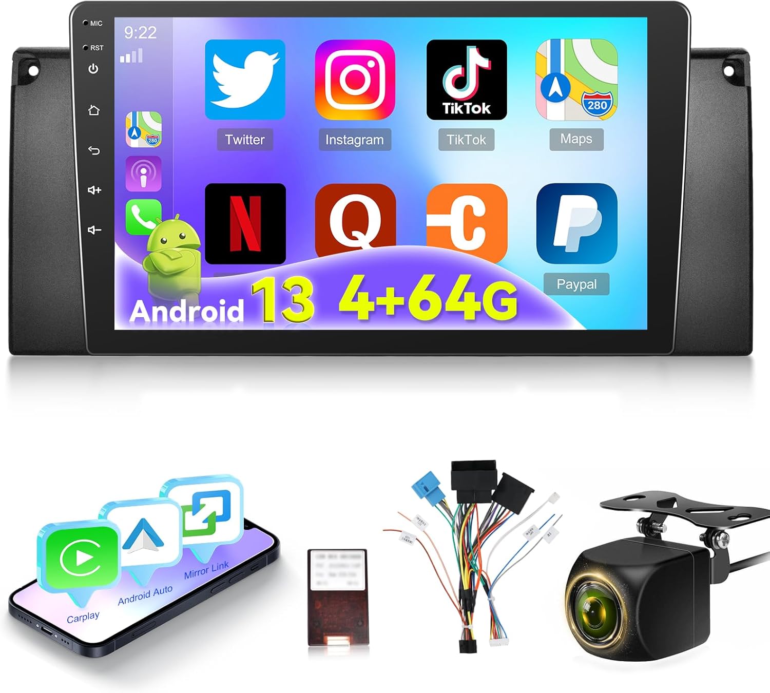 [4+64G] Android Car Radio for BMW 5 Series X5 E39 E53 M5 1996-2006 with Wireless Carplay and Android Auto - 9 Inch 1280 * 720 HD Touch Screen Car Stereo - 32EQ / WiFi/GPS/SWC + AHD Backup Camera