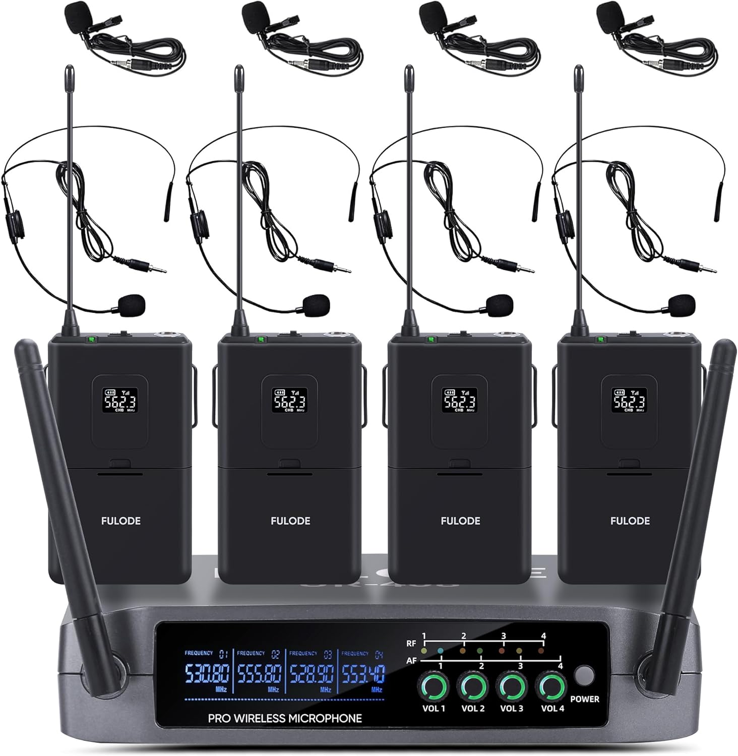 UR-408 4 Channel Professional Wireless Microphone System with 4 Lavalier 4 Headset Mics, Ideal for Home Party Singing Karaoke Meeting Church Event TV Speaker