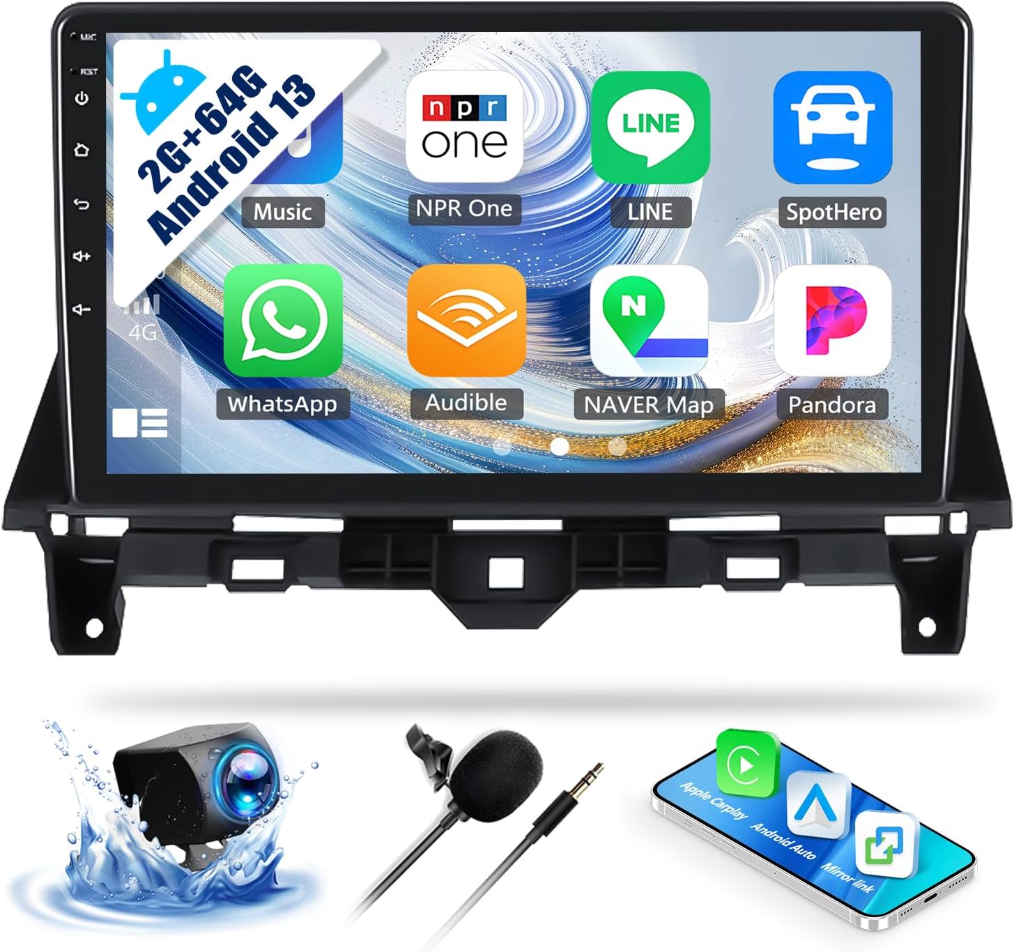 2G+64G Android Car Stereo for Honda Accord 8th 2008-2013 with Wireless Carplay Android Auto Mirror Link 10.1 inch Touchscreen Car Radio with GPS Navigation WiFi 26UI Bluetooth FM Backup Camera MIC