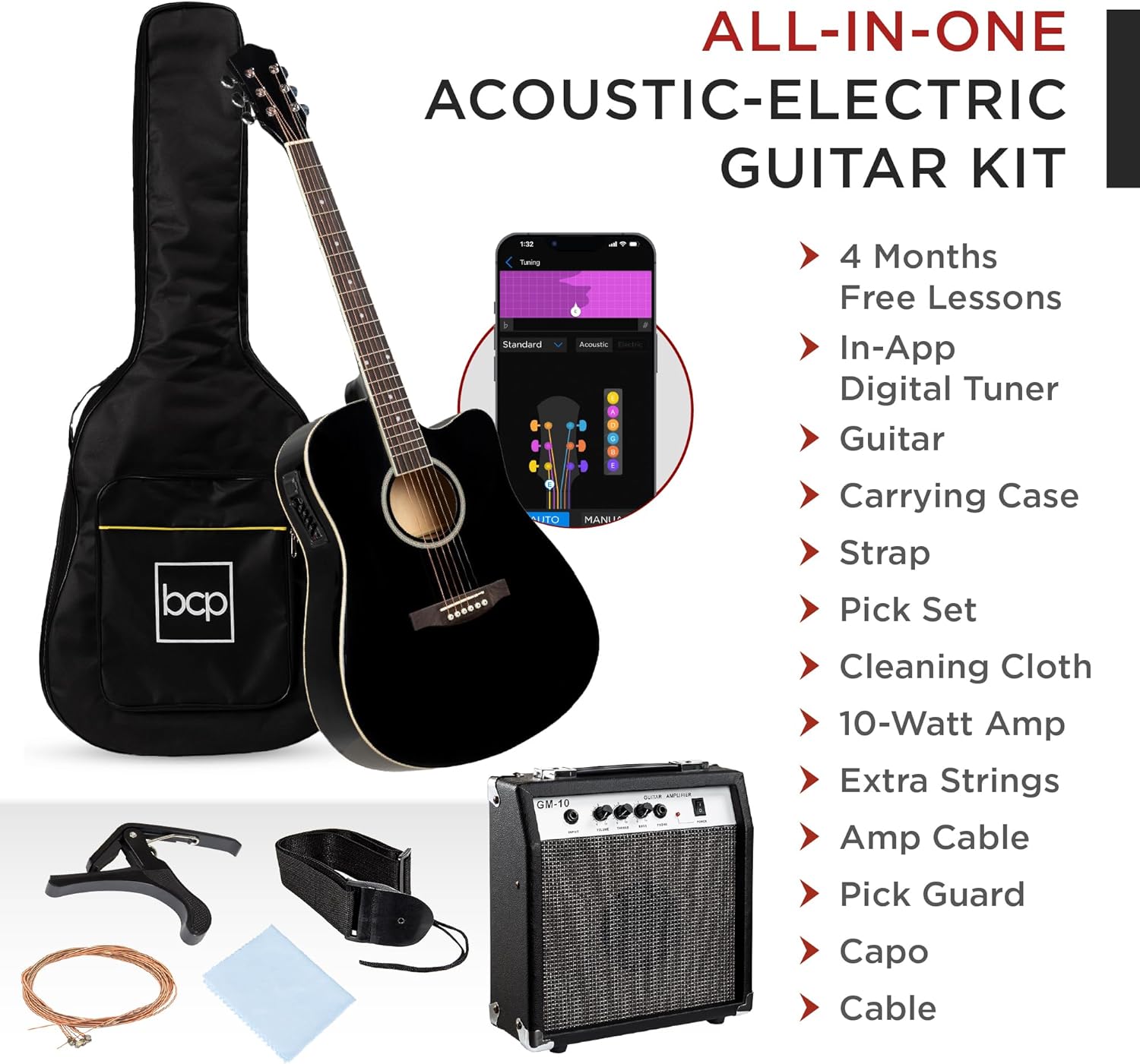 Best Choice Products Beginner Acoustic Electric Guitar Starter Set w/ 41in, All Wood Cutaway Design, Gig Bag, Strap, Picks - Black