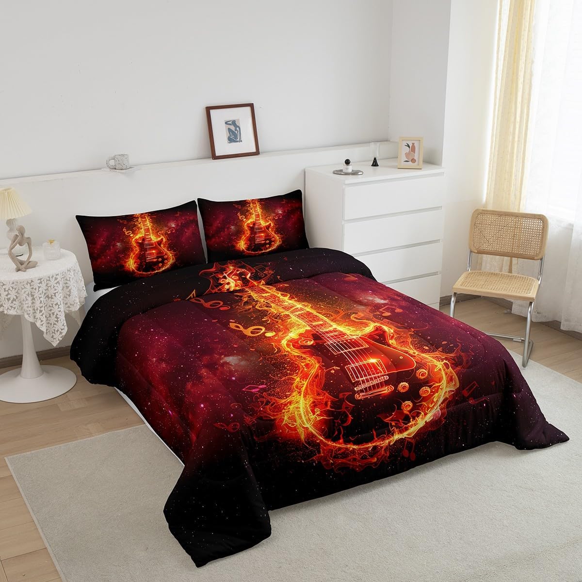 Red Bass Kids Comforter Set King Size,Fire Decor Musical Instrument Notes Quilted Duvet with 2 Pillowcases Guitar Pattern Nebula Galaxy Comforter for Boys Teens Bedroom