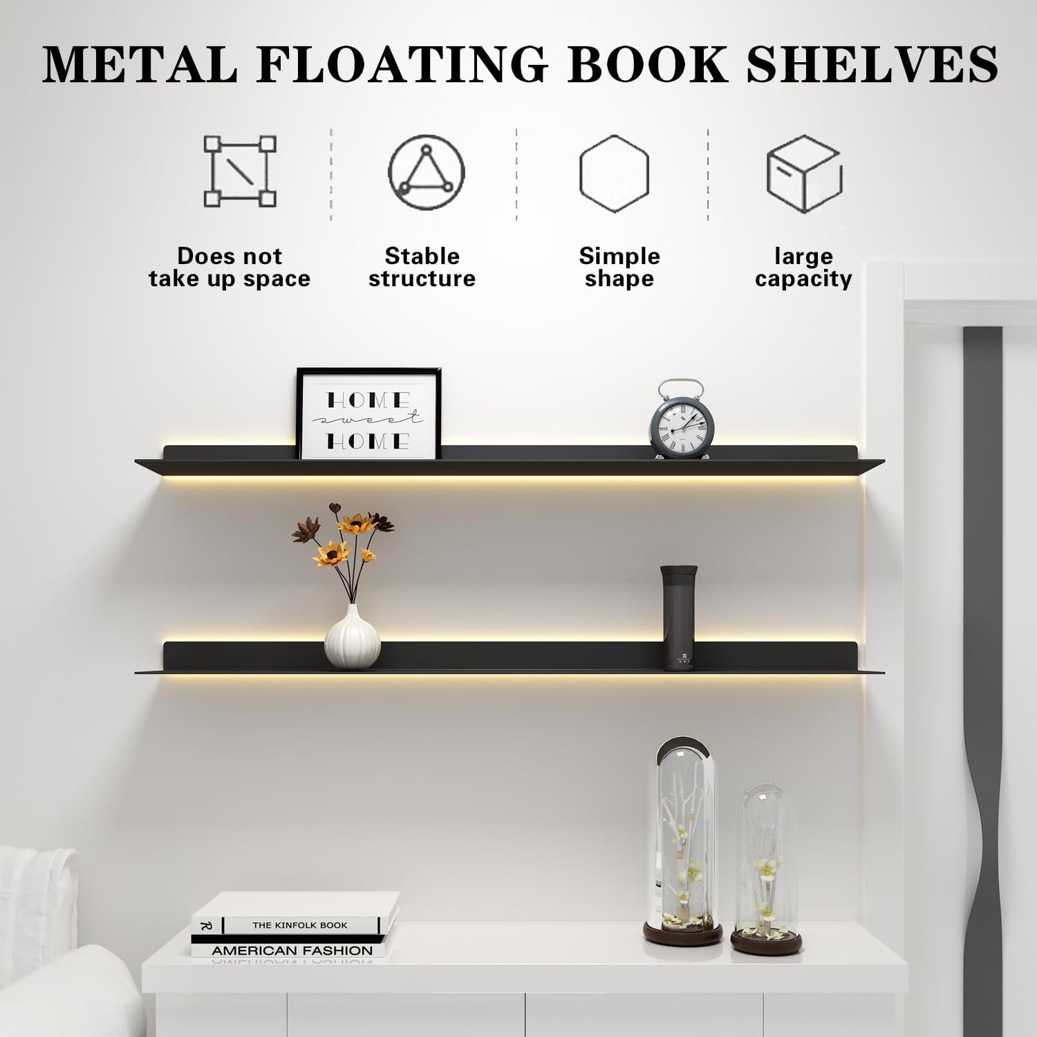 1pcs Metal Floating Book Shelves, with Built-in Illuminated LED Light, Modern Wall Mount Lighting Organizer, Creative Wall Storage Shelf, for Bedroom, Kitchen, Bathroom,White,180cm (Gold 100cm)