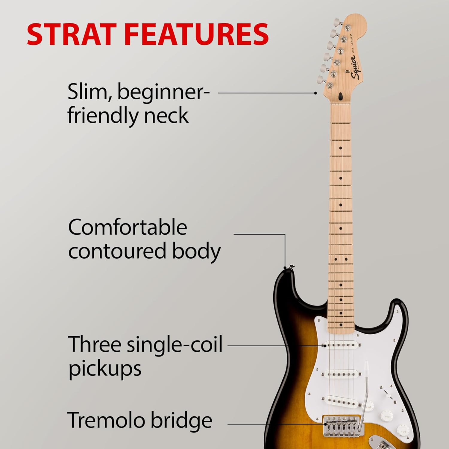 Fender Squier Sonic Strat Pack - 2-Color Sunburst Bundle with Frontman 10G Amp, Gig Bag, Tuner, Strap, Cable, Picks, and Austin Bazaar Guitar DVD