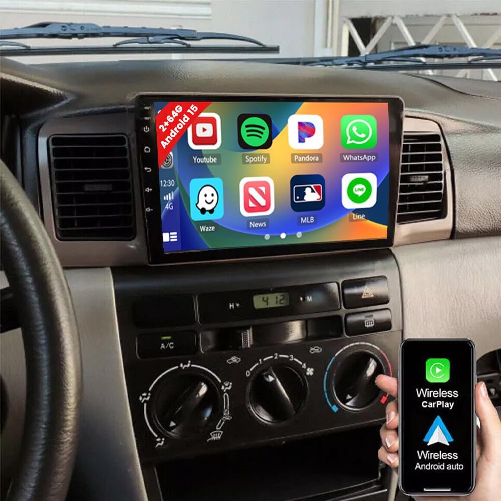 2+64GB Android 15 Car Stereo for Toyota Corolla EX 2005-2012 with Wireless Carplay Android Auto, 9 Inch HD Touch Screen Car Radio Bluetooth GPS Navi WiFi SWC FM RDS EQ + AHD Backup Camera