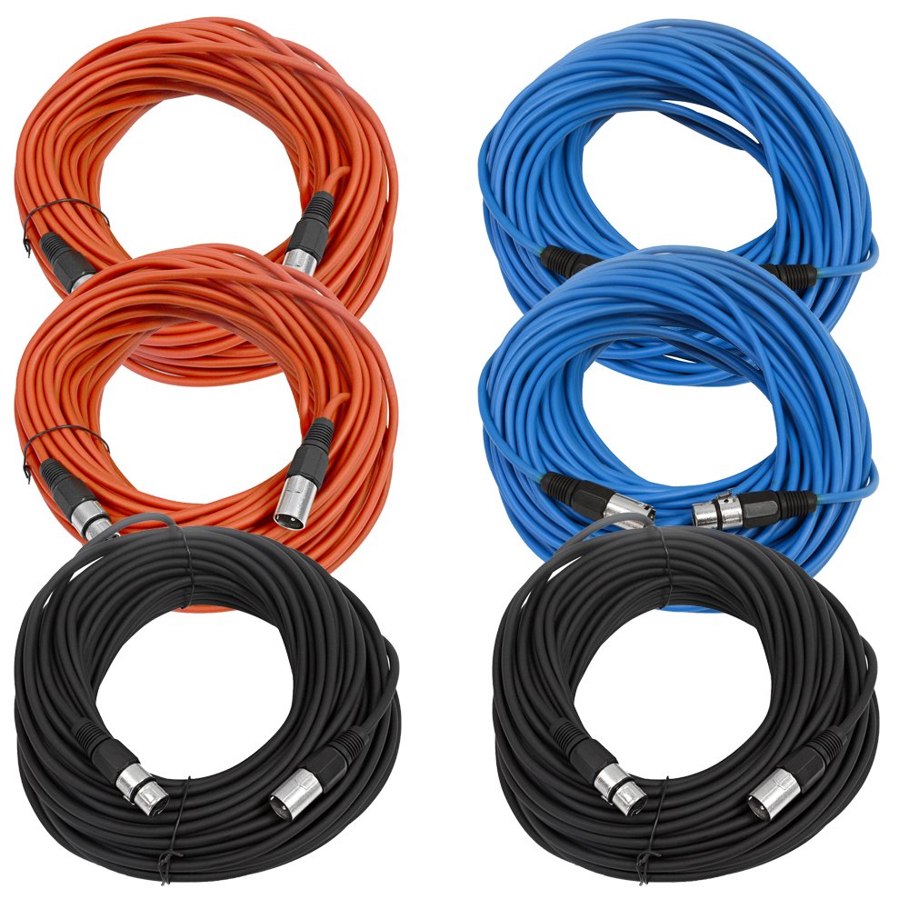 Seismic Audio - SAXLX-100-6 Pack of 100' Red, White Black XLR Male to XLR Female Microphone Cables - Balanced - 100 Foot Patch Cords