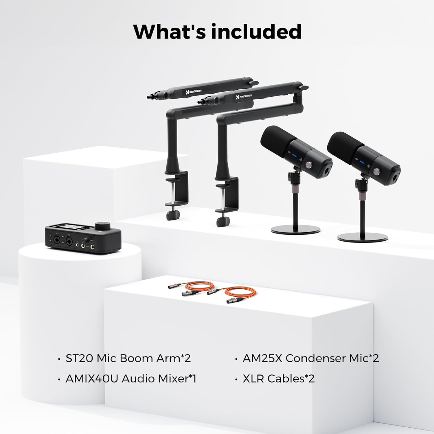 NearStream PodPro Duo Podcast Equipment Bundle for Dual Podcast/Livestream/Sound Creation, Audio Setup with 2 Podcast Microphone, 1 Audio Interface, 2 Mic Boom Arm, 2 XLR Microphone Cable