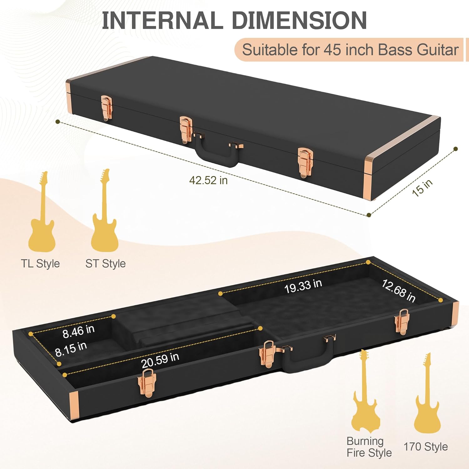 Electric Guitar Hard Case Shell Case With Lock For Square Electric Guitar 39in Electric Guitars Hard-Shell Protective Carrying Case for KST/KTL/170 Model with Security Lock Metal Feet (Classic Black)