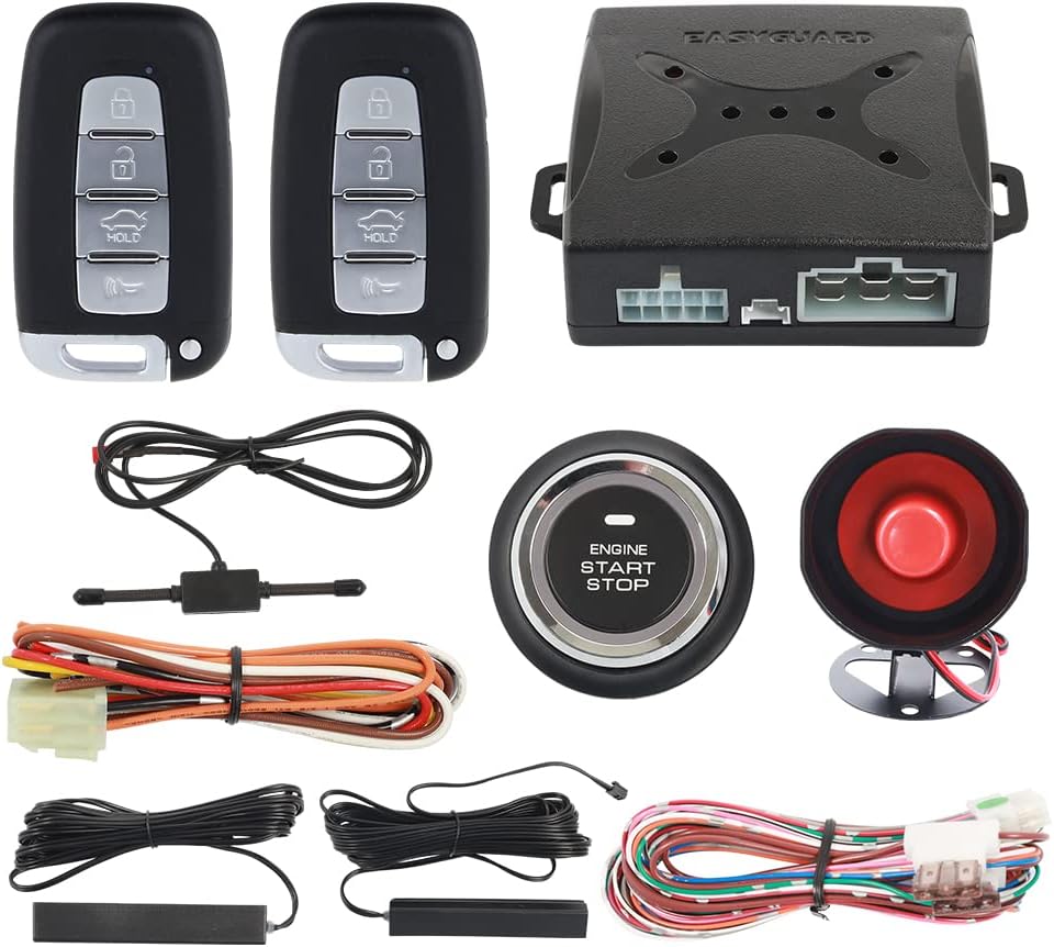 EASYGUARD EC003N-K Car Alarm System keyless Entry pke Remote Engine Start Stop Push Start Stop Automatically Lock or Unlock car Door Universal Version fits for Most dc12v Cars