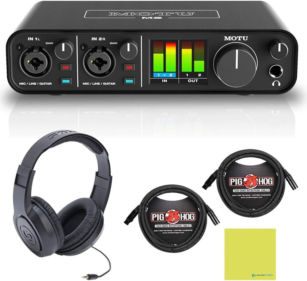 MOTU M2 2x2 USB-C Audio Interface Bundle w/Samson SRH350 Over-Ear Stereo Headphones, 2-Pack Pig Hog PHM10 8mm XLR Mic Cable and Liquid Audio Polishing Cloth