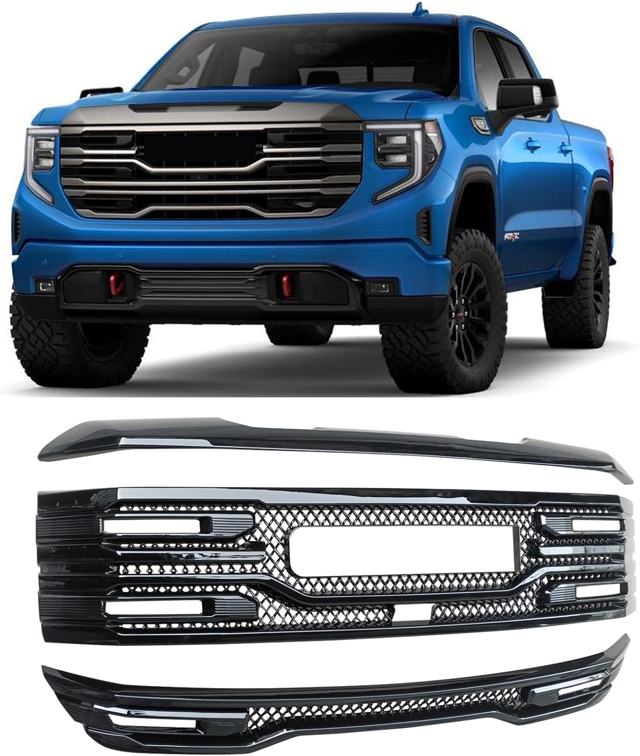 NINTE Front Lower+ Upper Grill For 2022 2023 2024 2025 GMC Sierra 1500 AT4 ABS Gloss Black Painted Front Grille Car Accessories Exterior Trim A set（NOT the Replacement，No logo）
