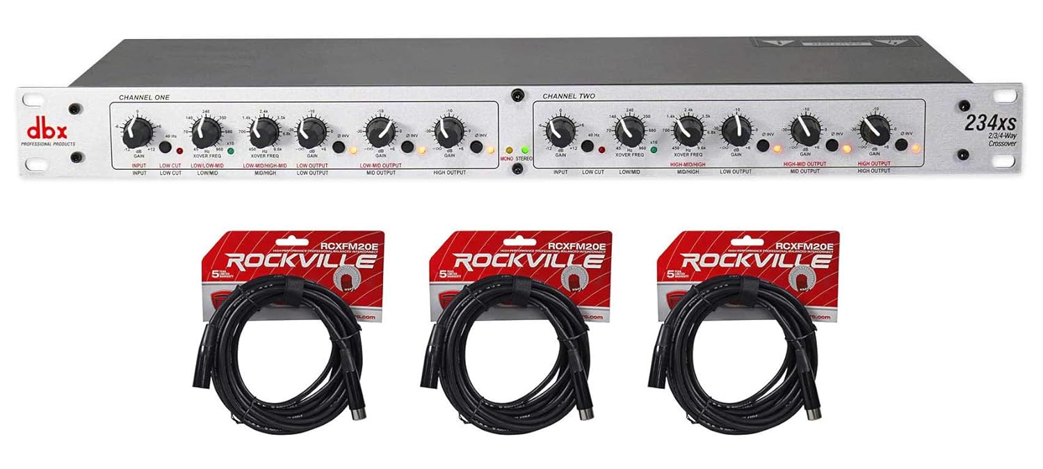 DBX 234XS Professional Crossover with 2, 3, or 4 Way Operation and Mono Bundle With (3) Rockville RCXFM20E-B 20 Foot Female to Male XLR Mic Cable Black 100% Copper