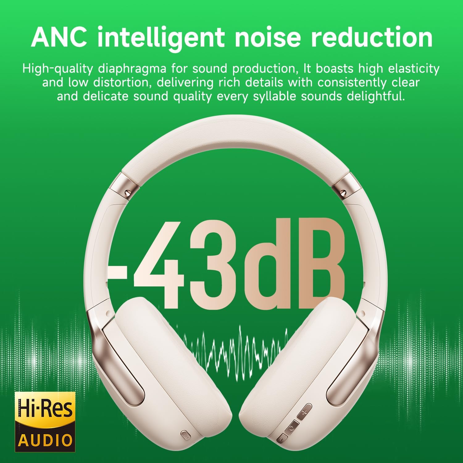 Wireless Hybrid Active Noise Cancelling Headphones, 50H Playtime Wireless Over Ear Headphones with Microphone, HiFi Deep Bass, Comfortable Foldable Earphones for Travel/Work (Off White)