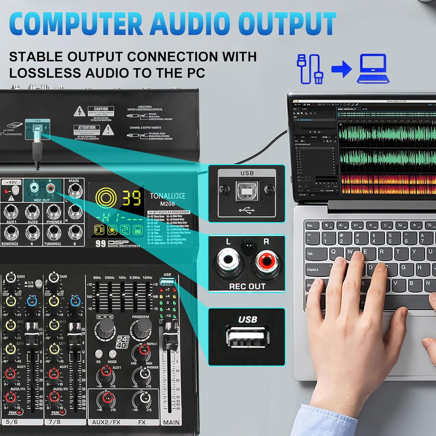 8 Channel Mixer Audio, Professional Music Sound PA Mixer DJ Mixing Board Console with 99 DSP Effects, 5-band EQ, Bluetooth, USB Interface, 48V Phantom Power for Recording Stage Karaoke