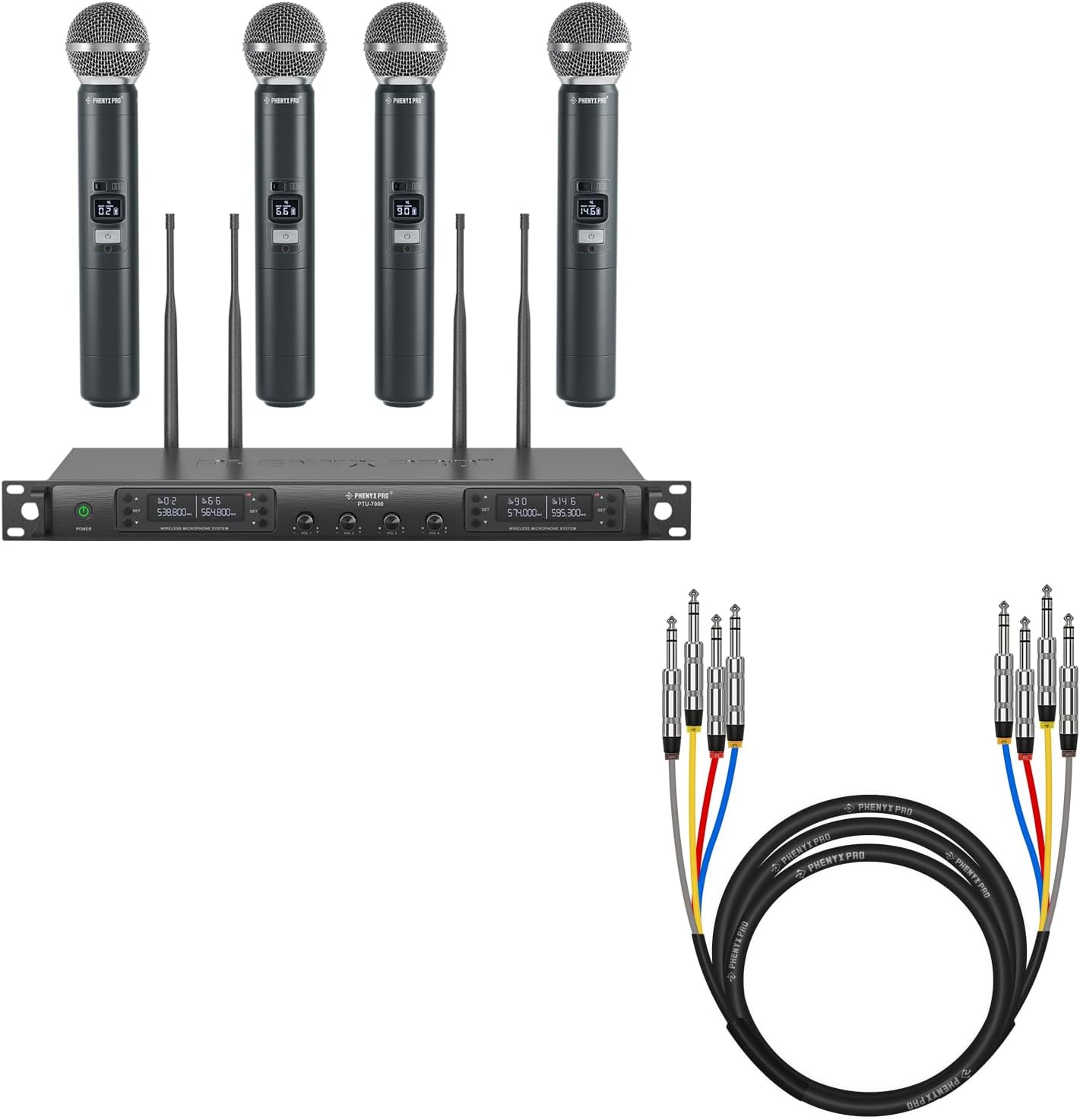 Phenyx Pro Wireless Microphone System PTU-7000-4H Bundle with 4-Channel TRS Snake Cable PCBL-QR4IN1-10